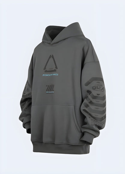 Grey cyberpunk techwear hoodie with a modern, technical look, front view, perfect for the UK urban fashion scene.