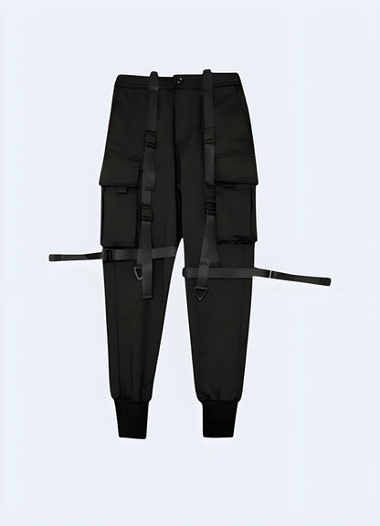 Front view of a model sporting cutting-edge darkwear pants, emphasizing the all-black color palette and innovative design features, a must-have for UK fashion enthusiasts exploring the darkwear trend.