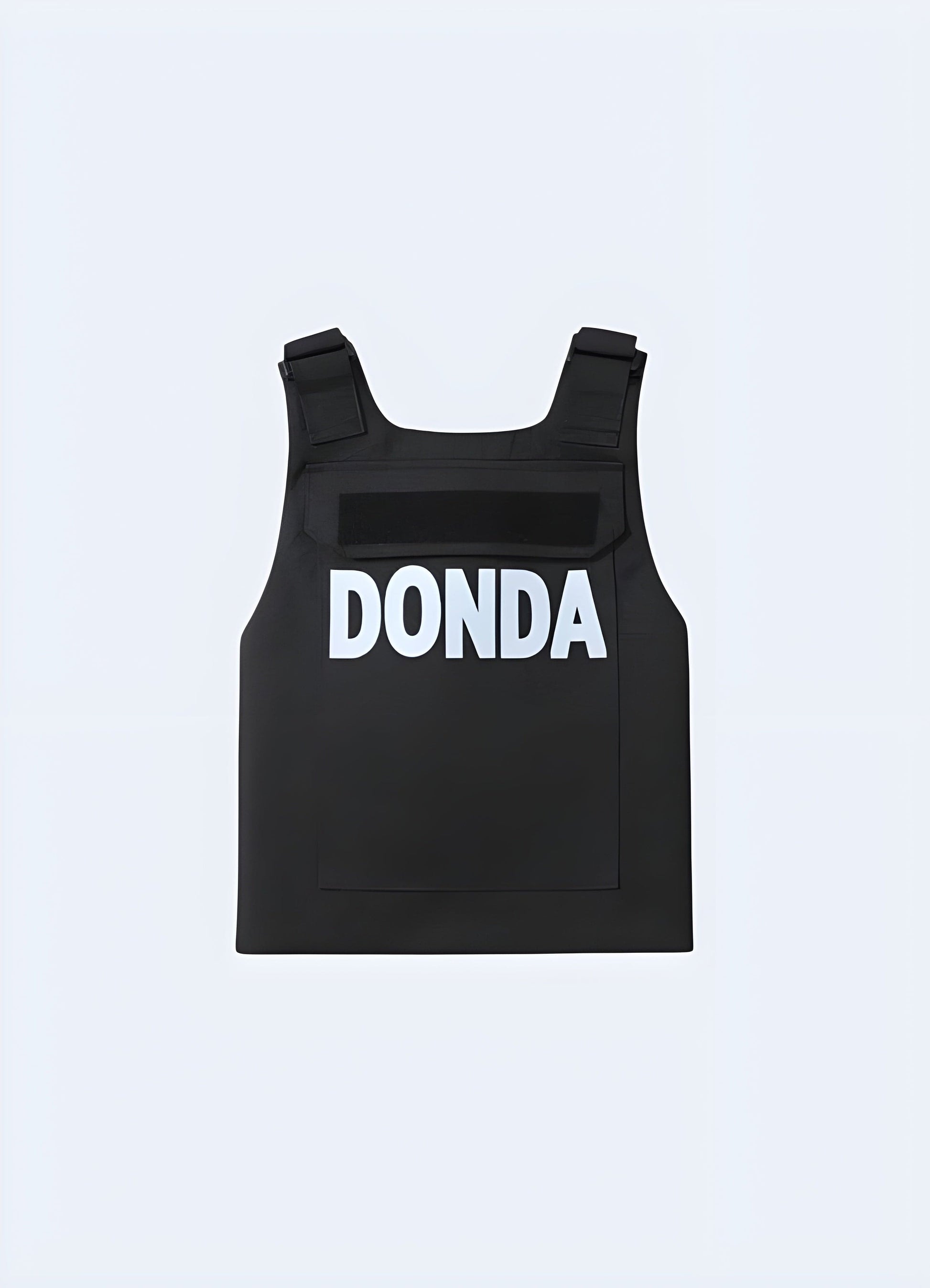 Rear view of a model wearing a black Donda-inspired tactical vest with a streamlined fit, multiple utility pockets, and adjustable straps for a stylish and functional look.