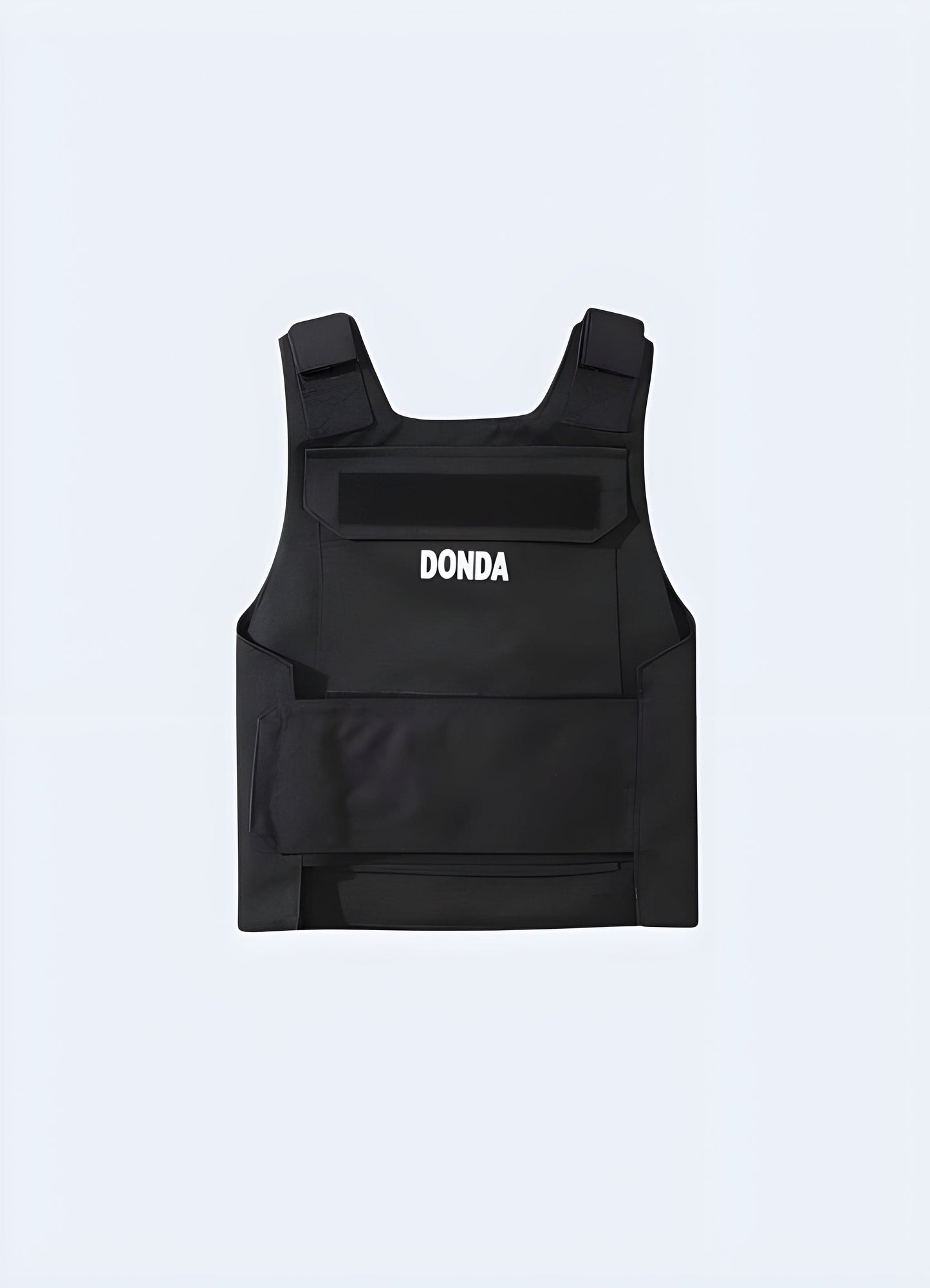 Black tactical style vest inspired by Kanye West's Donda album, featuring multiple pockets, adjustable straps, and a sleek, minimalist design.