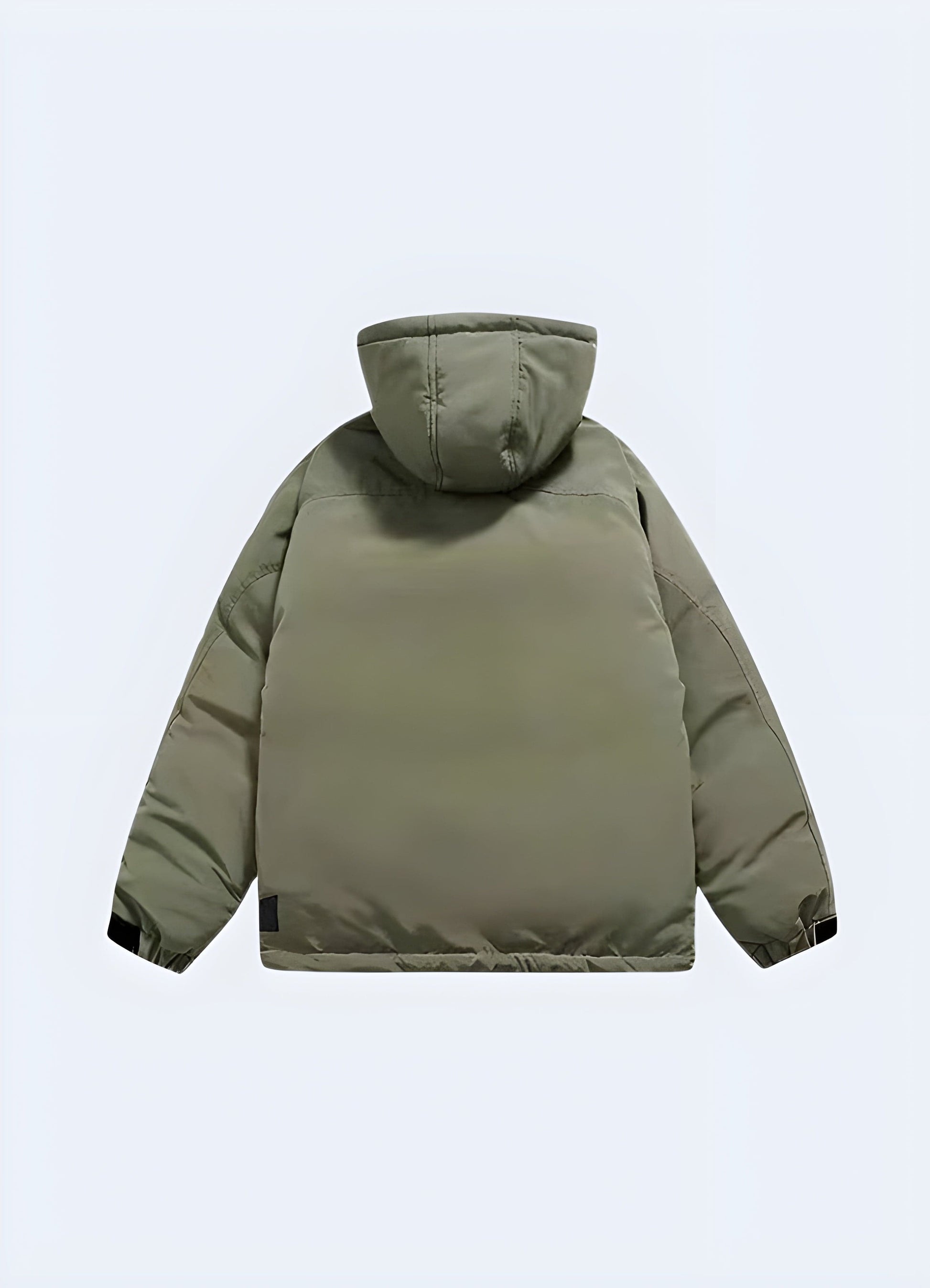 Back view of a durable green cargo jacket, showcasing its multiple pockets, rugged construction, and functional design, ideal for UK consumers seeking a reliable and stylish outerwear option for various outdoor activities.