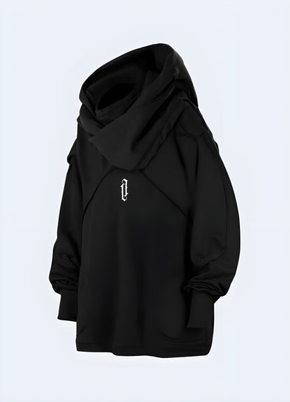 Front view of a sleek, black functional hoodie featuring a full-zip closure, adjustable hood, and moisture-wicking fabric for optimal performance during workouts and outdoor adventures.