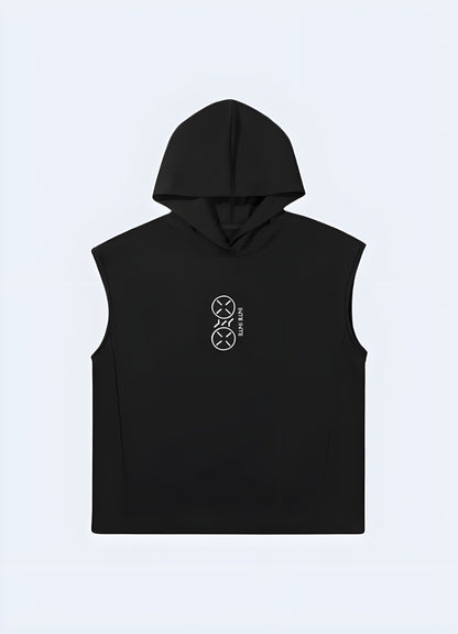 Front view of a trendsetting black hoodie featuring a futuristic design, offering UK customers a bold and eye-catching option for their wardrobe.