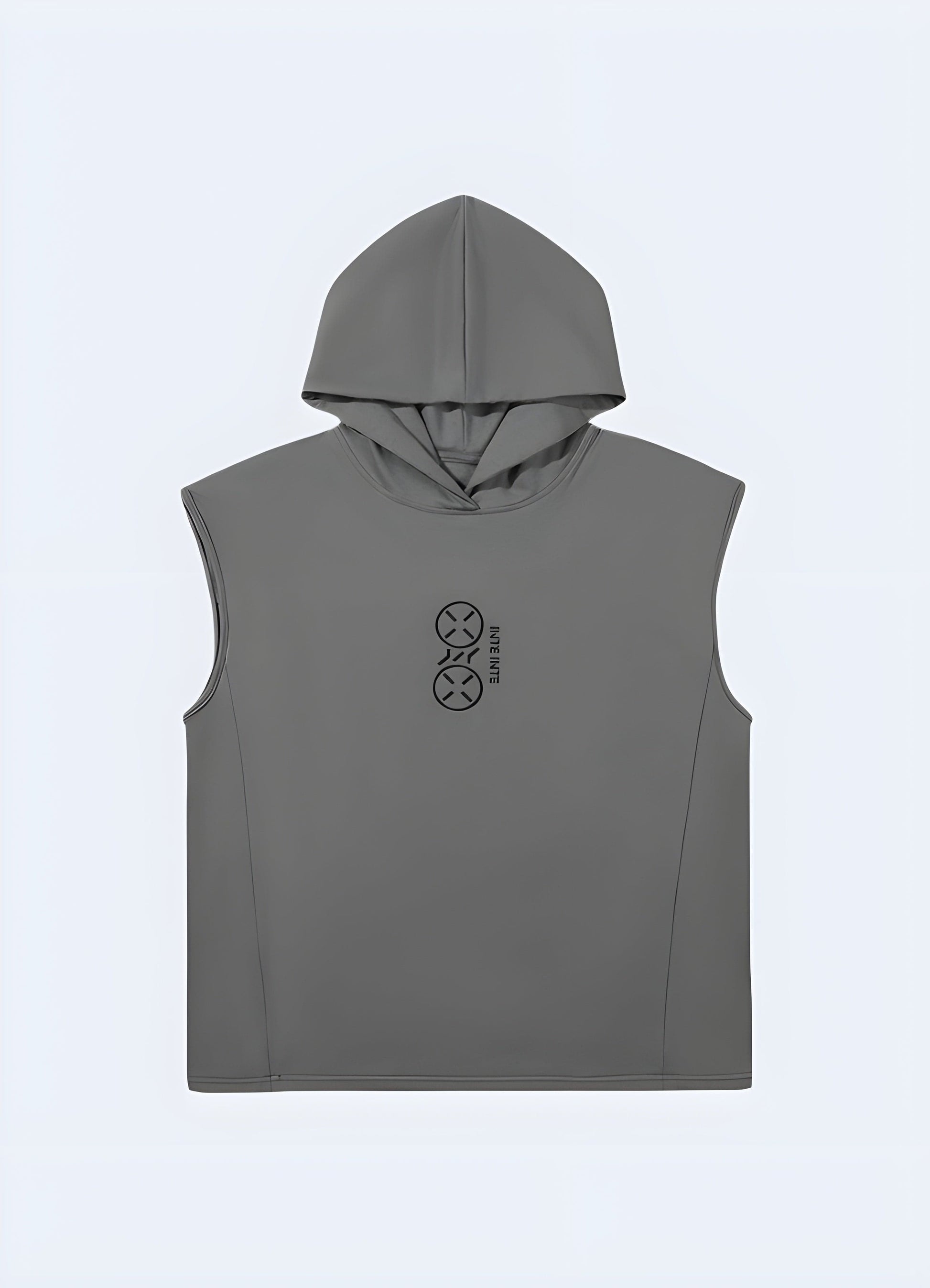 Front view of a cutting-edge grey hoodie with a futuristic aesthetic, providing UK fashion enthusiasts with a stylish and modern choice for everyday wear.