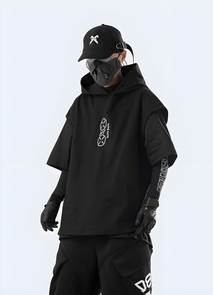 A model showcasing a sleek and modern hoodie with innovative design features, perfect for fashion-forward individuals seeking cutting-edge style in the UK.