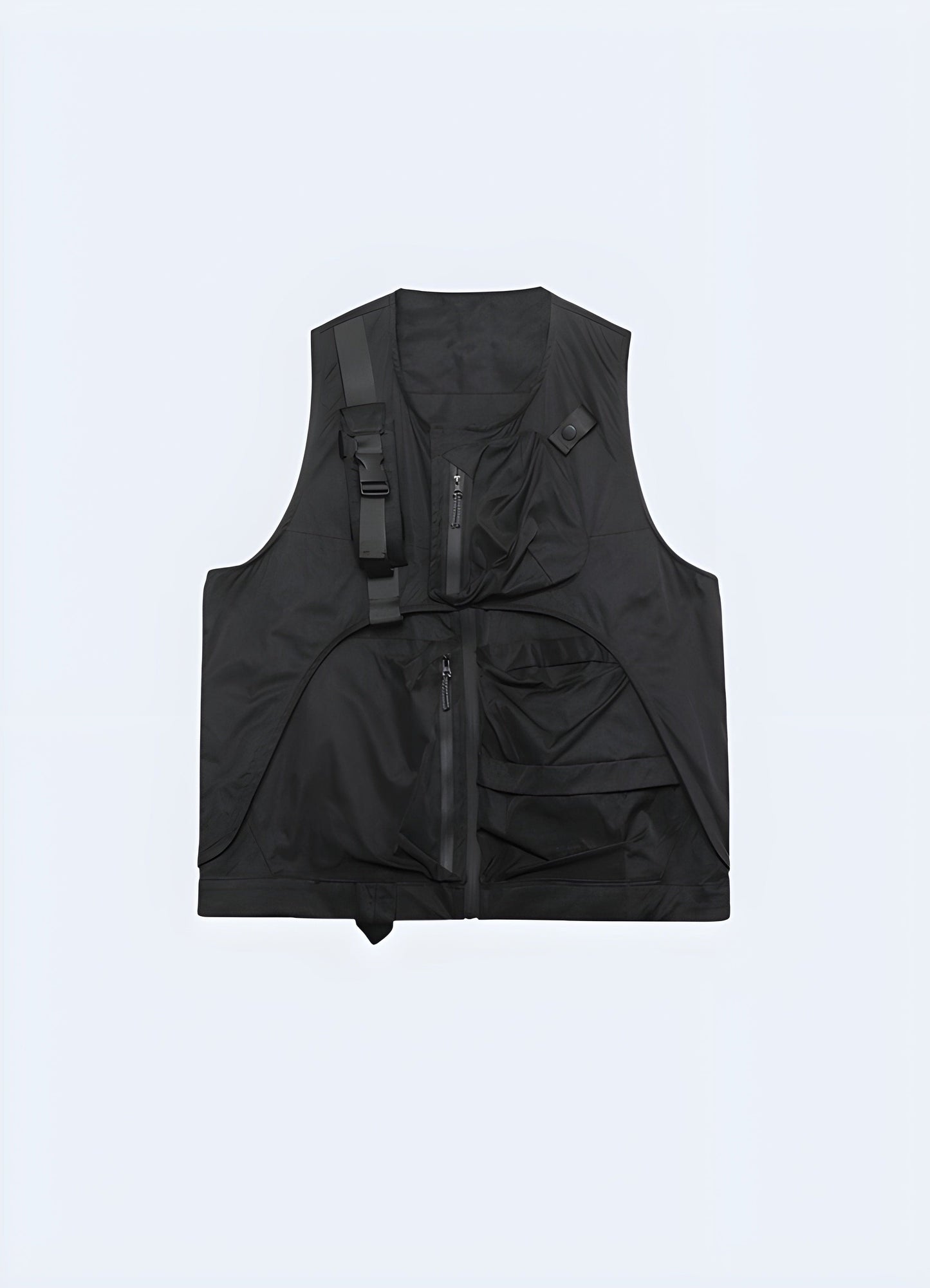 Futuristic black vest with built-in speakers and LED lights, perfect for outdoor activities and events in the UK.