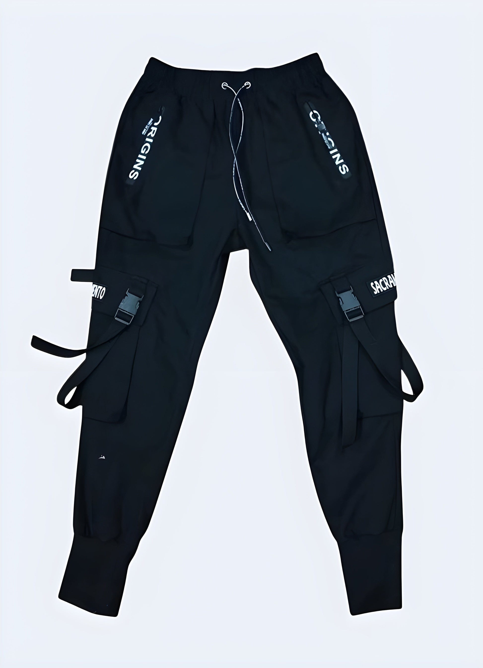 Front view of goth cargo pants available in the UK, emphasizing the distinctive design and dark aesthetic that embodies the essence of goth fashion.