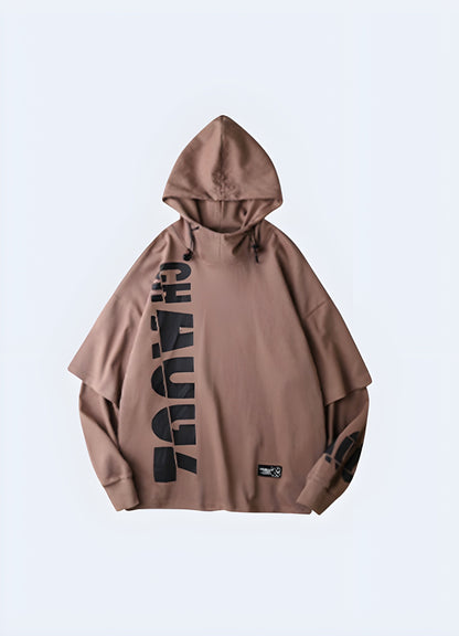 Front view of a fashionable brown Harajuku hoodie, ideal for adding a unique touch to any outfit in the UK.