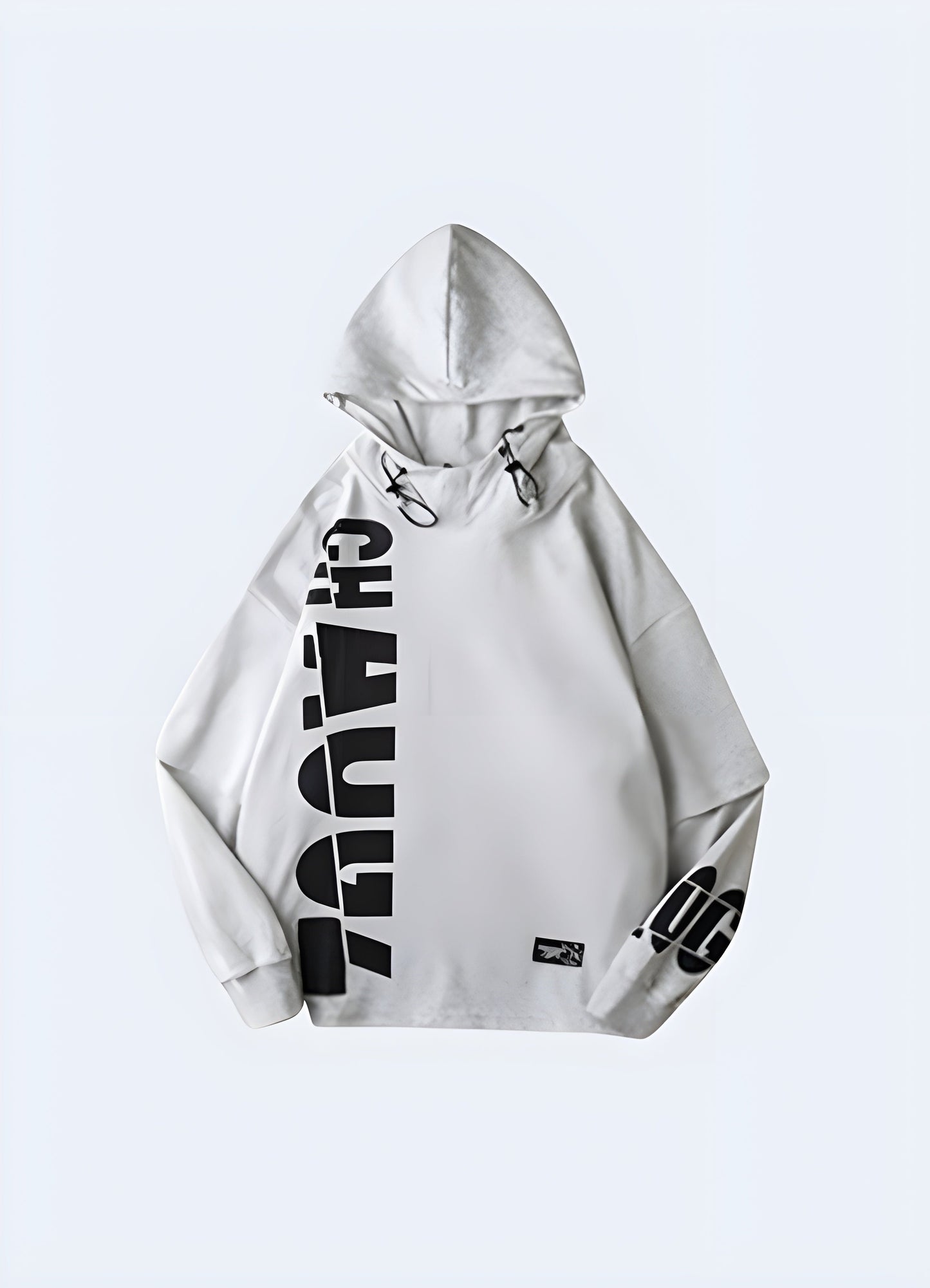 Trendy grey Harajuku fashion hoodie with a striking design, as seen from the front in the UK.