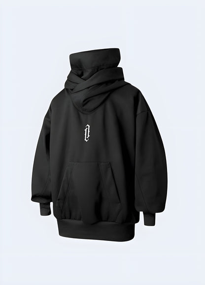 A black high collar hoodie showcasing the front view of the product, available in the UK.