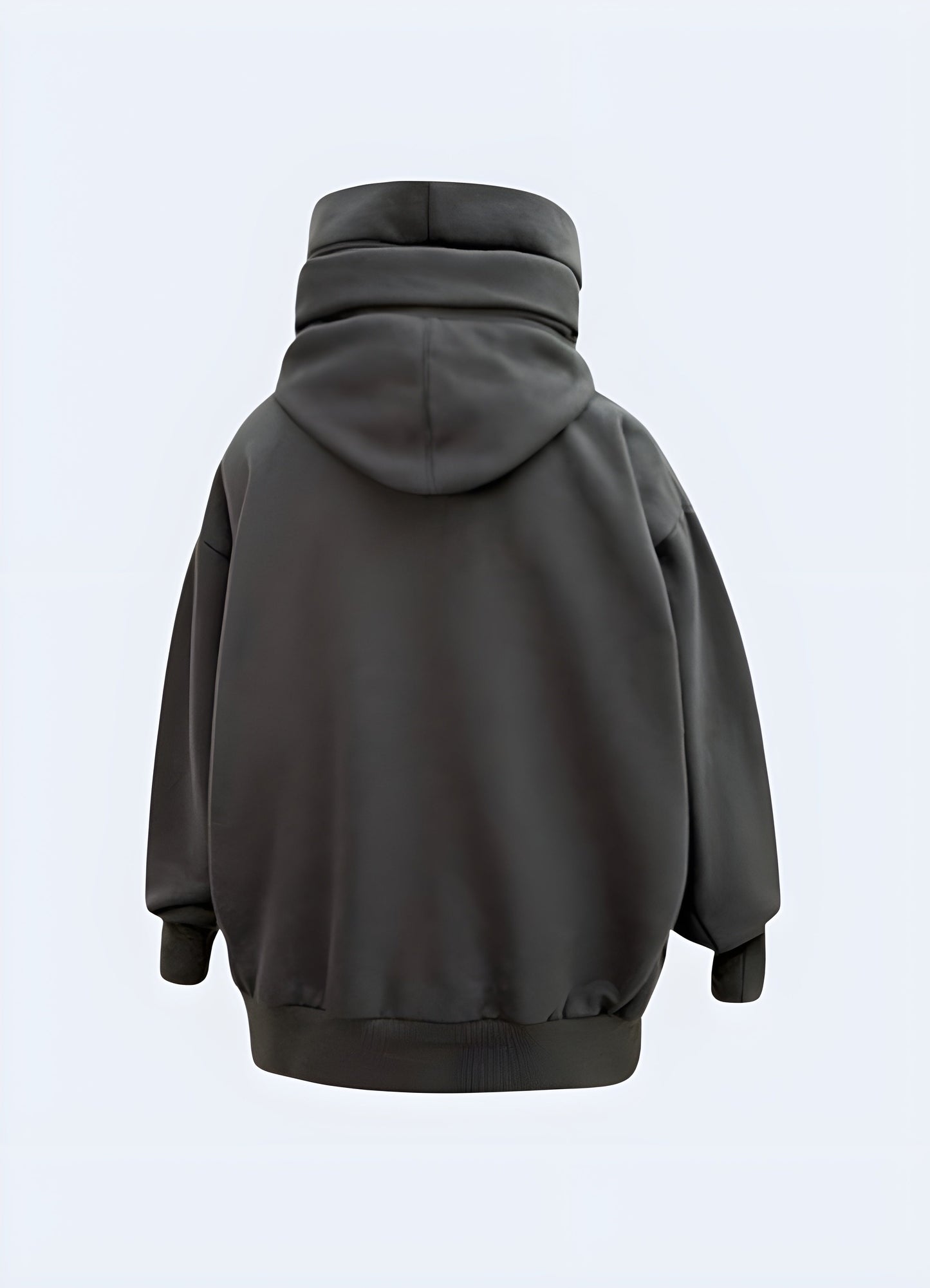 A grey high collar hoodie featuring the back view of the garment, sold in the UK.