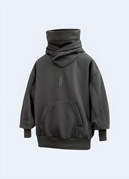 A grey high collar hoodie displaying the front view of the product, available for purchase in the UK.