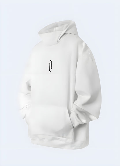 A white high collar hoodie showcasing the front and side view of the garment in the UK.