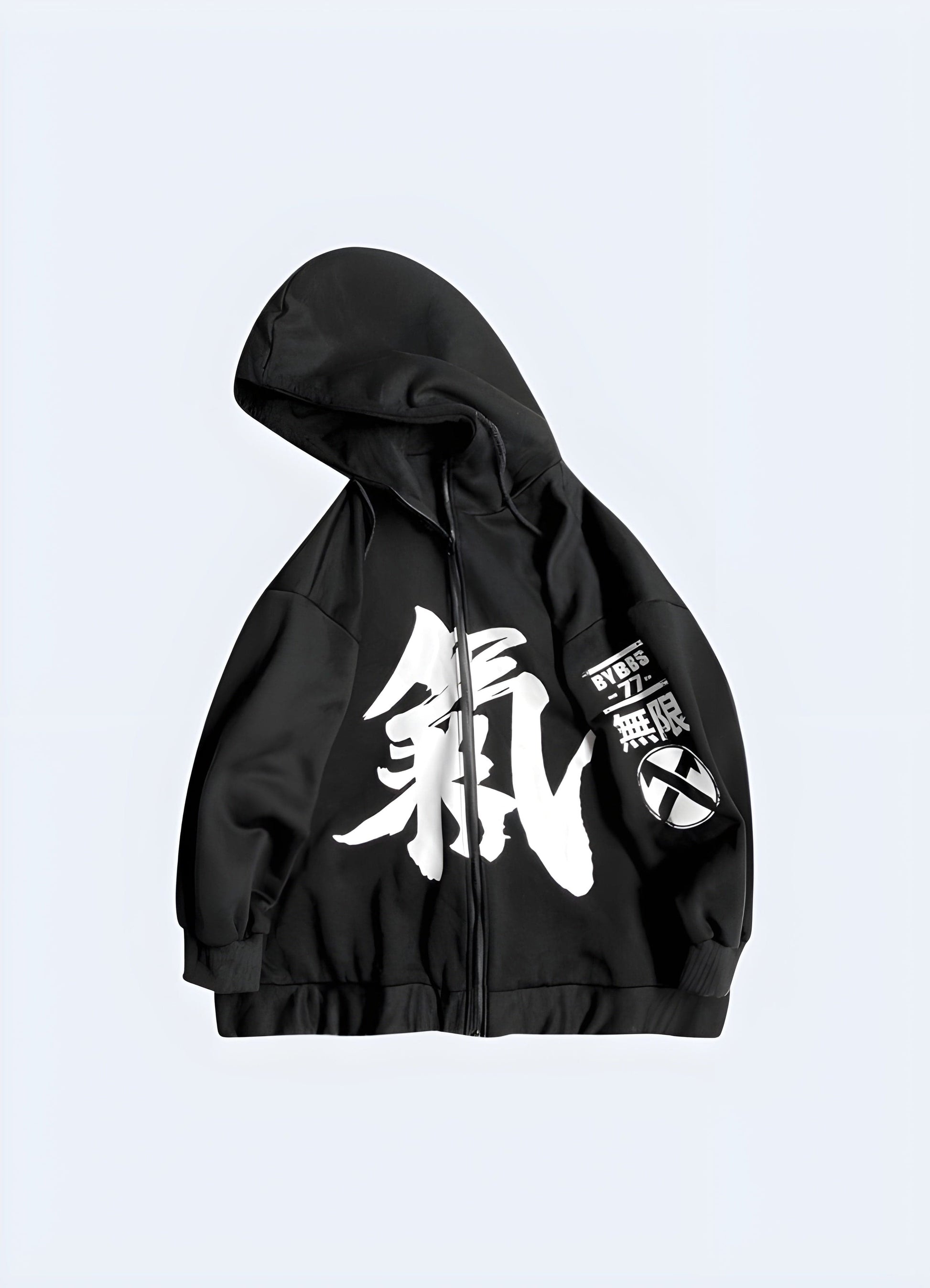 Black Japanese kanji hoodie with a striking front design, ideal for individuals looking to add an edgy and distinctive element to their wardrobe in the UK.