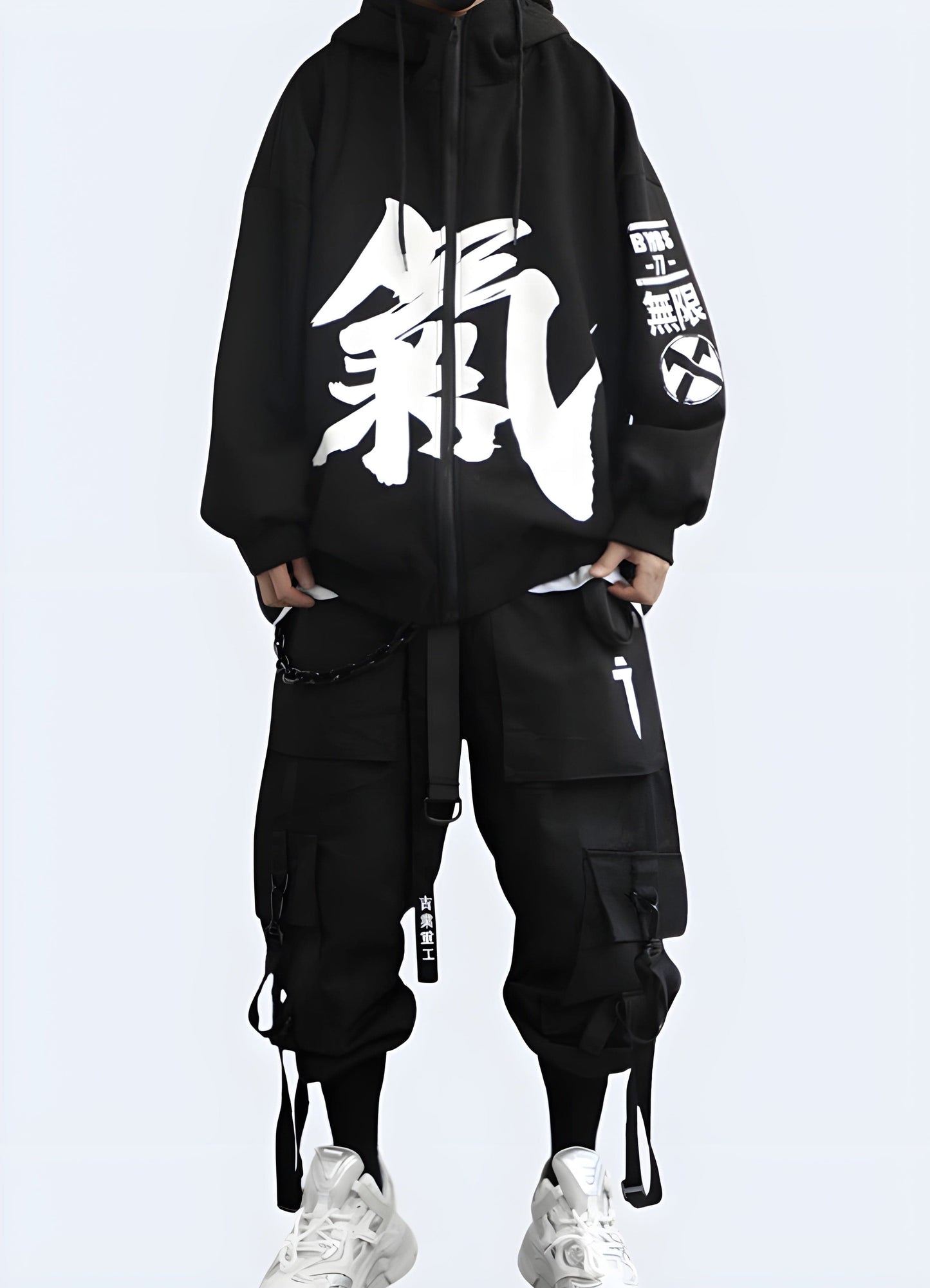 A stylish hoodie featuring Japanese kanji characters, offering a unique and trendy look for fashion enthusiasts.