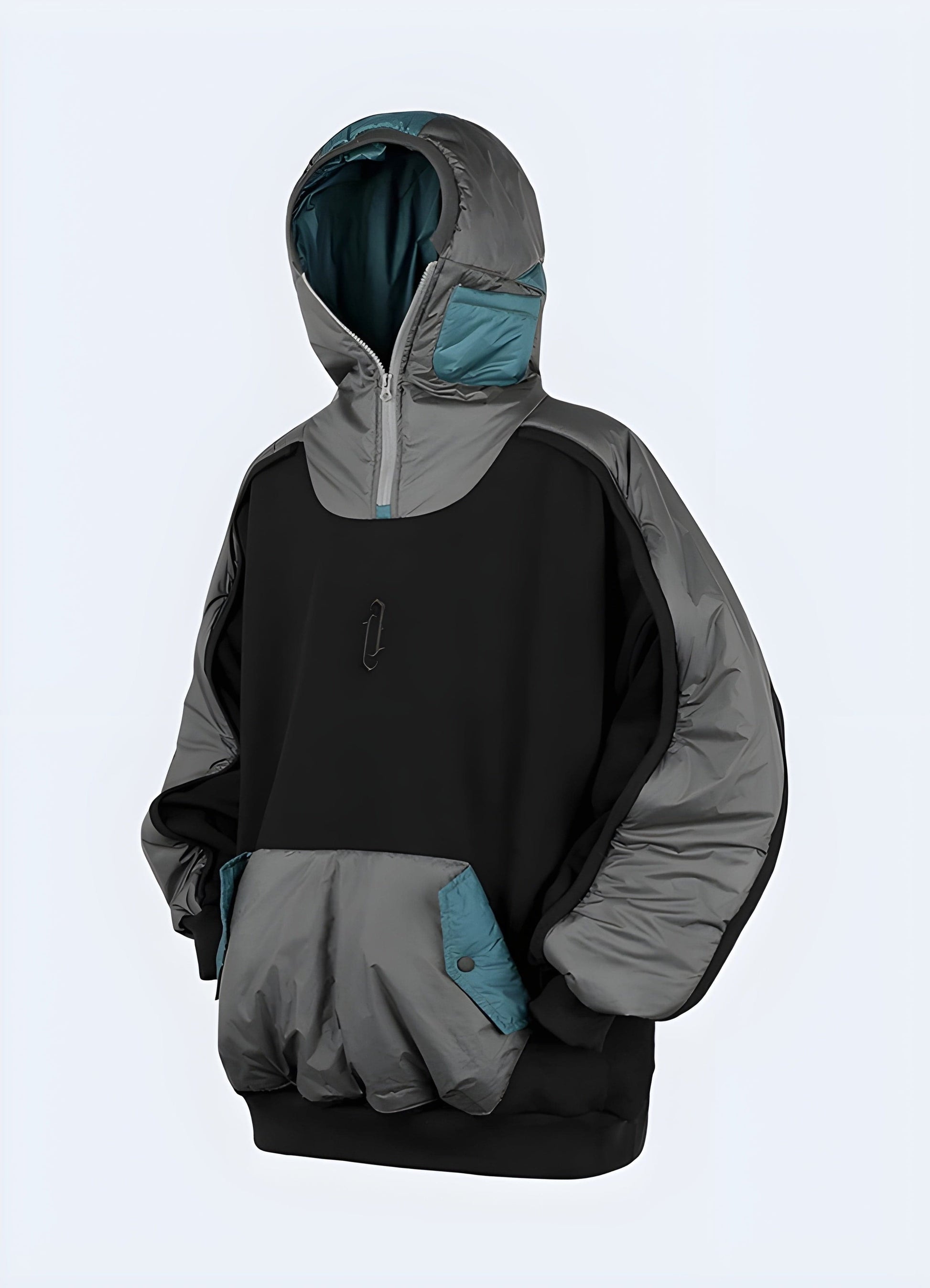 Black Japanese streetwear hoodie with a distinctive front side view, a must-have for UK streetwear fans.