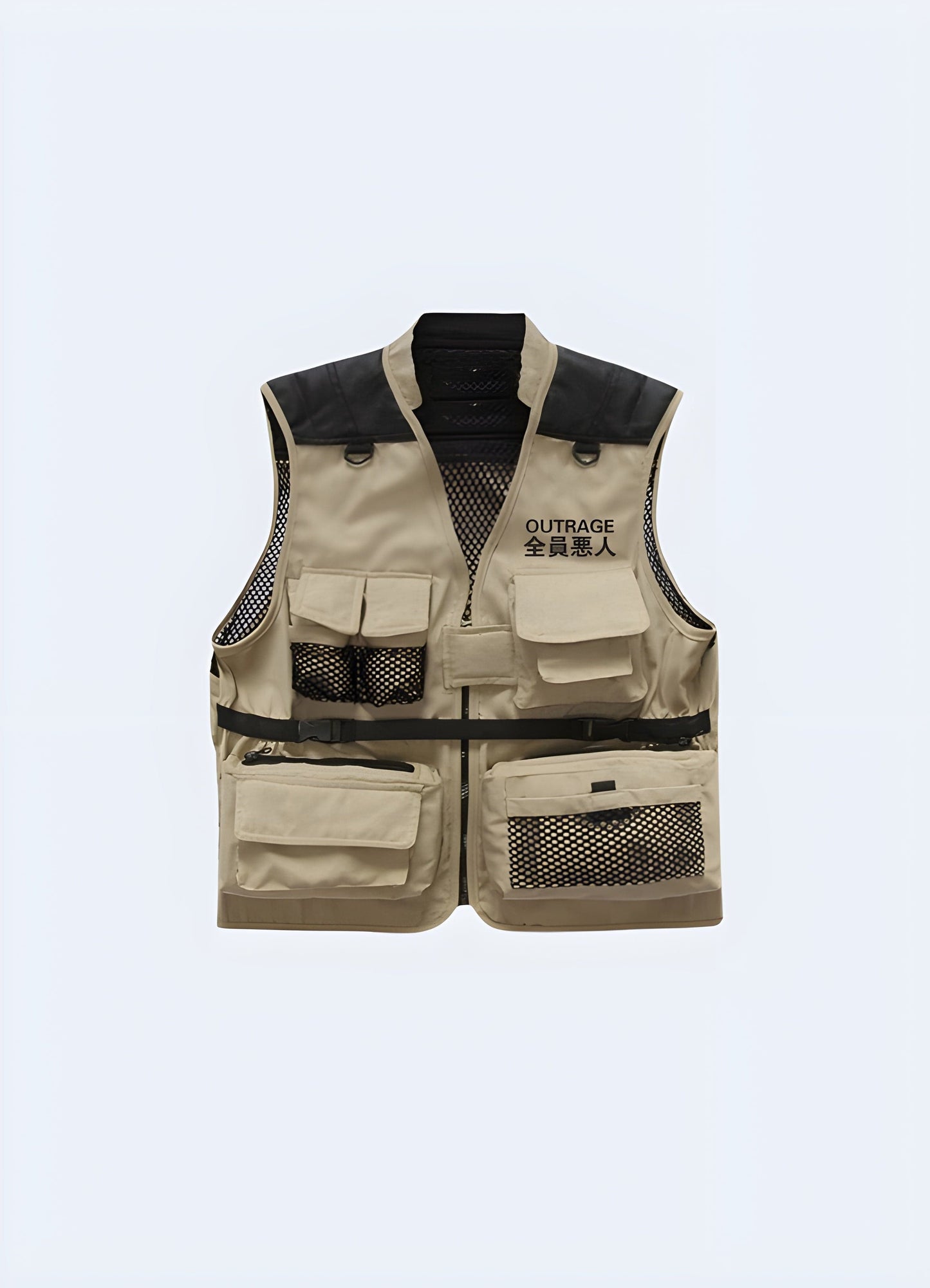 Front view of a fashionable Japanese vest showcasing detailed white floral embroidery on a sleek black fabric.