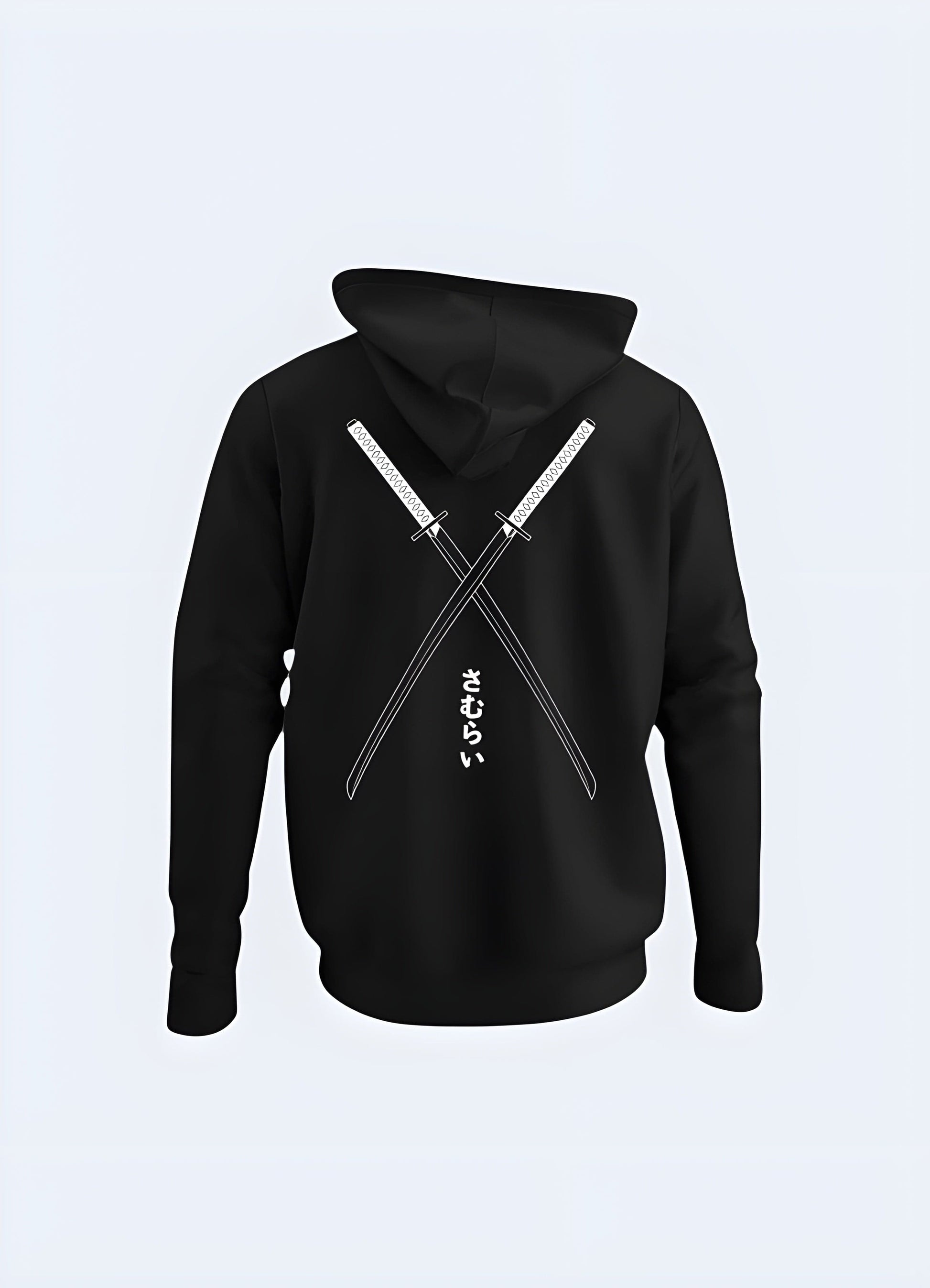 Back view of a trendy katana hoodie, highlighting its distinctive design inspired by Japanese culture in the UK.