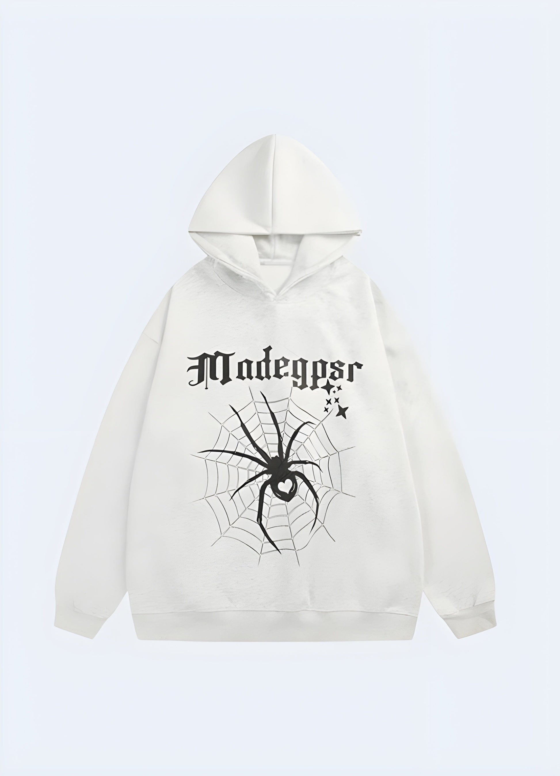 Front view of a light grey hoodie with an eye-catching spider design, perfect for adding an edgy touch to your style in the UK.