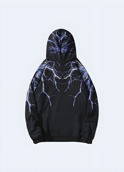 Back view of a trendy lightning hoodie, showcasing its eye-catching design and comfortable fit for fashion-forward individuals in the UK.