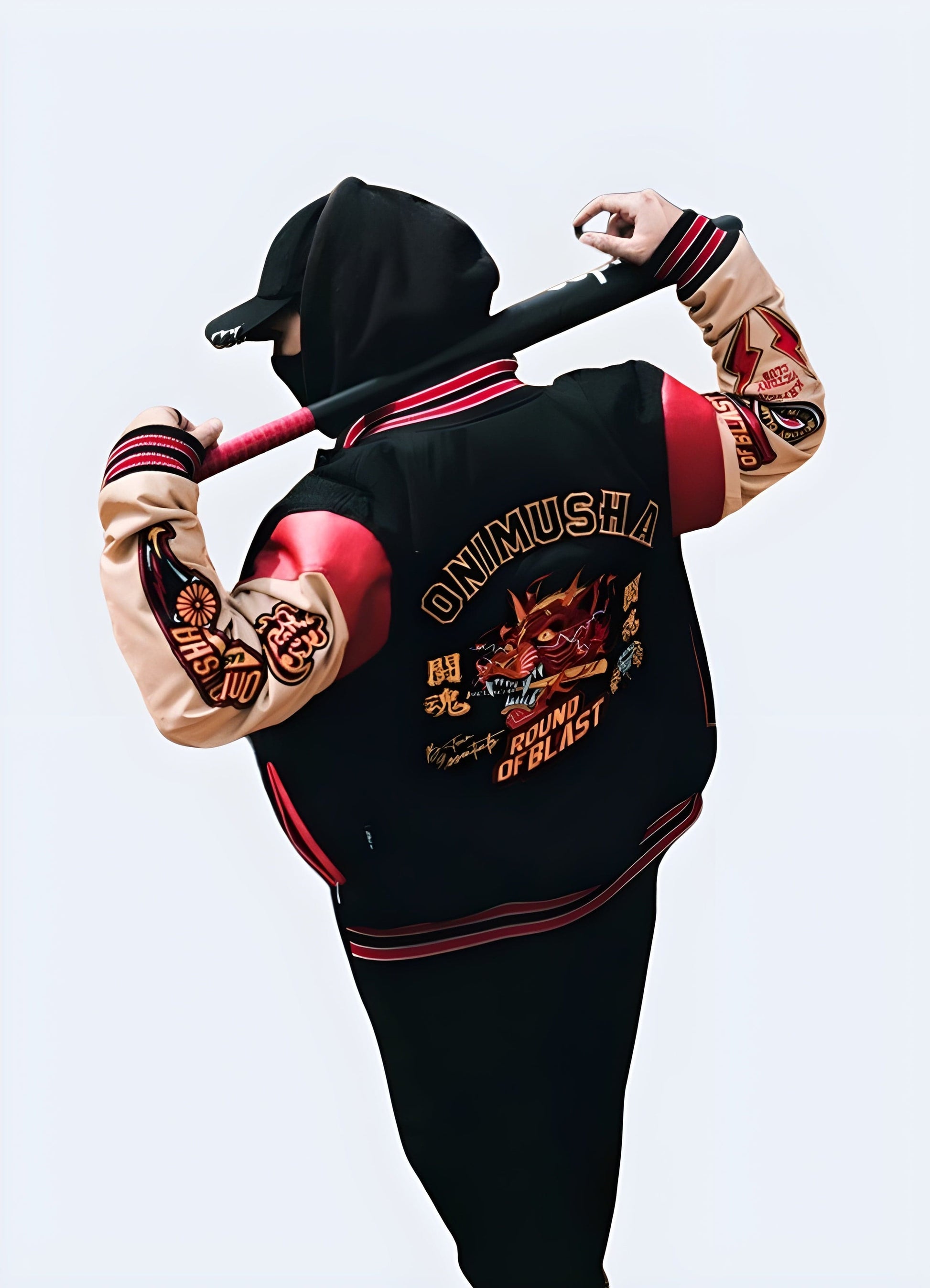 Back view of a man wearing a Japanese-style bomber jacket, showcasing its intricate embroidery, high-quality materials, and cultural influence, perfect for UK consumers seeking a unique and fashionable outerwear option.