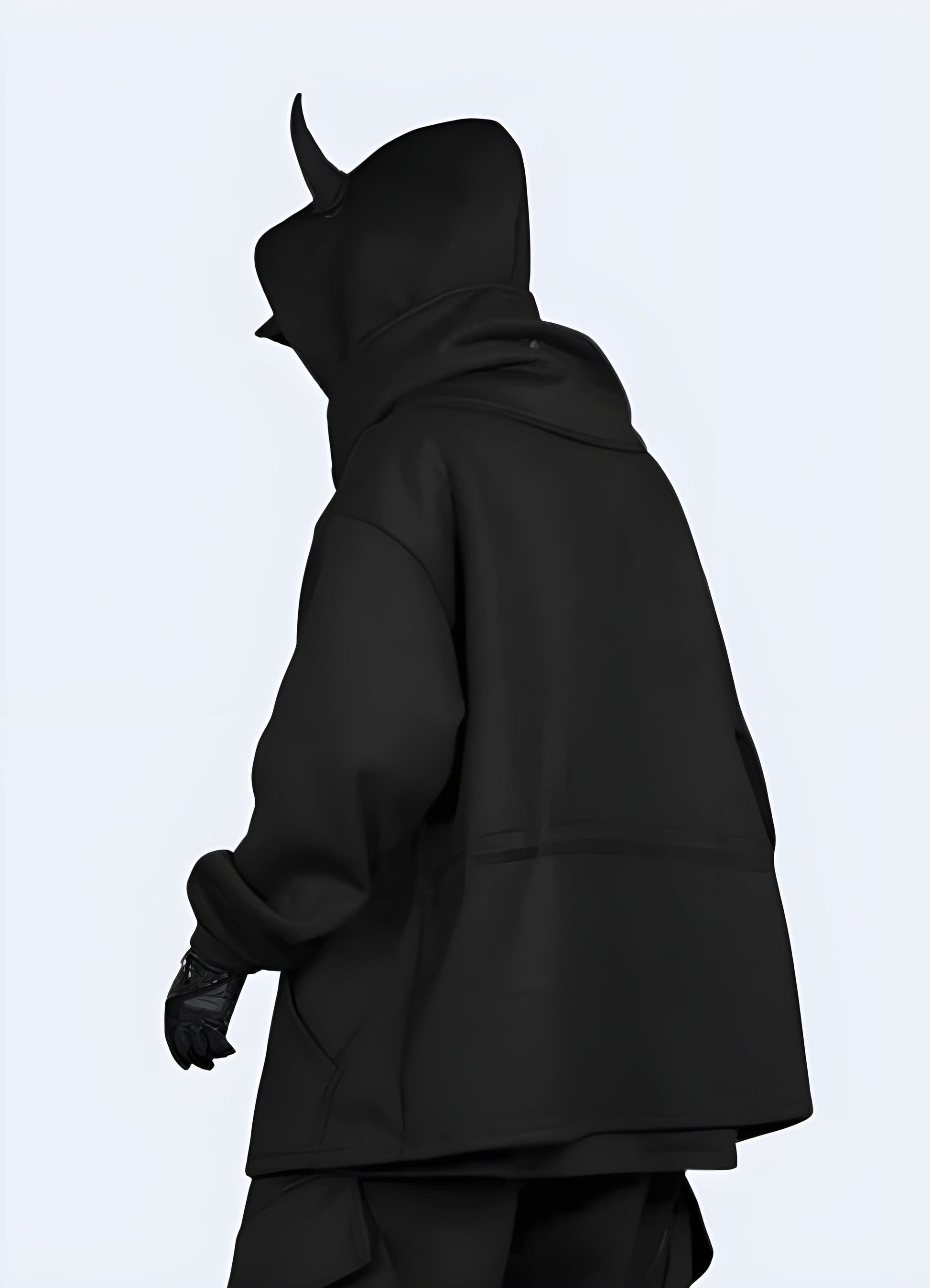 Back view of a man modeling a trendy black hoodie featuring eye-catching horn details, ideal for alternative fashion in the UK.