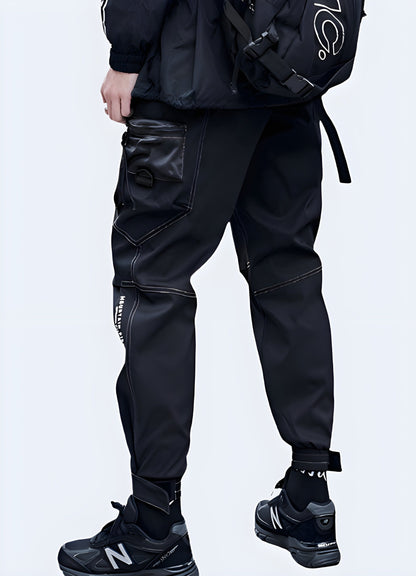 Back view of a man wearing stylish black skinny cargo pants, showcasing the garment's tapered leg and modern design, perfect for fashion-conscious individuals in the UK.