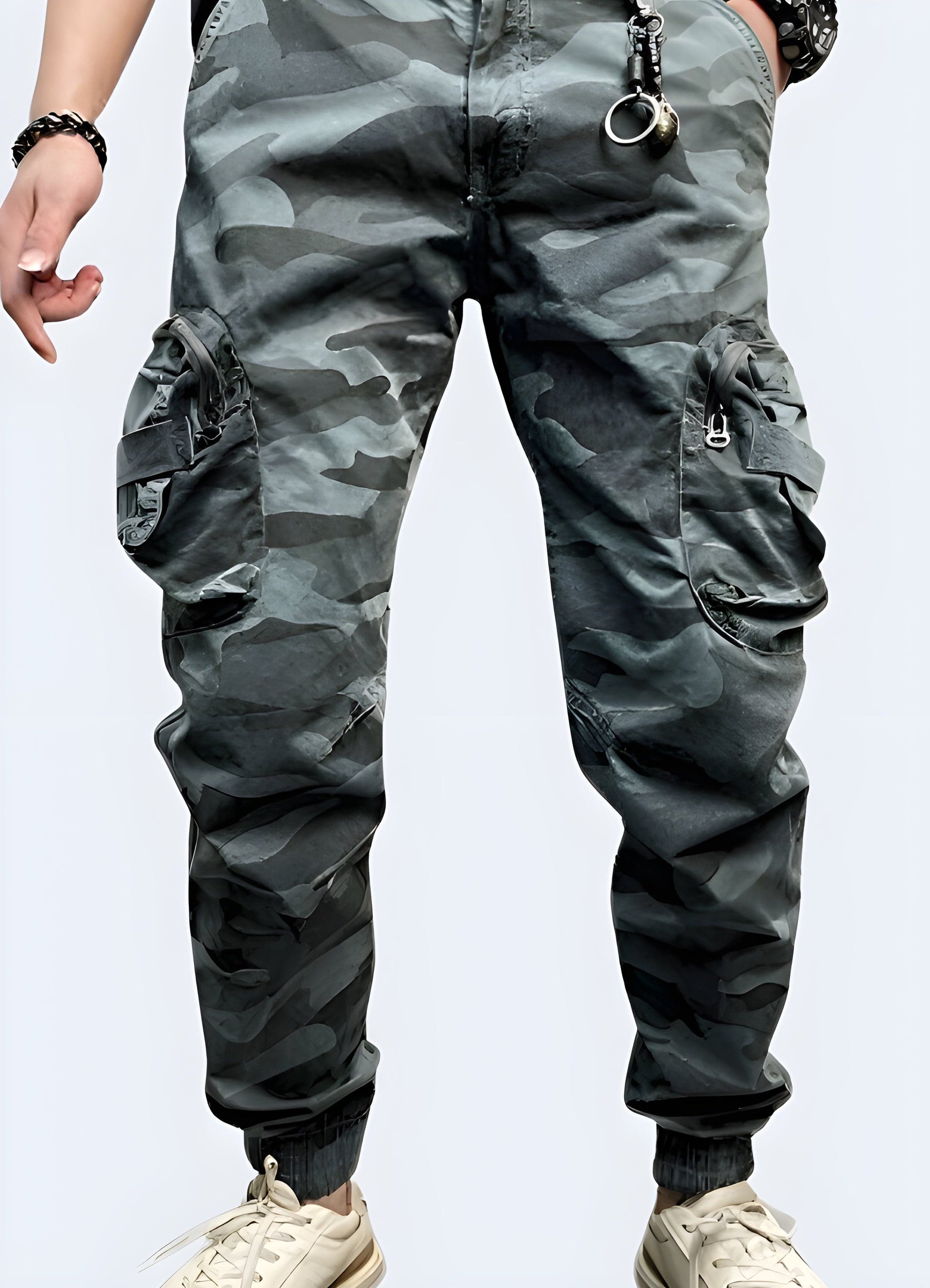 Front view of a man wearing trendy baggy camo cargo pants, showcasing the relaxed fit and classic camouflage pattern, ideal for fashion-forward individuals in the UK.