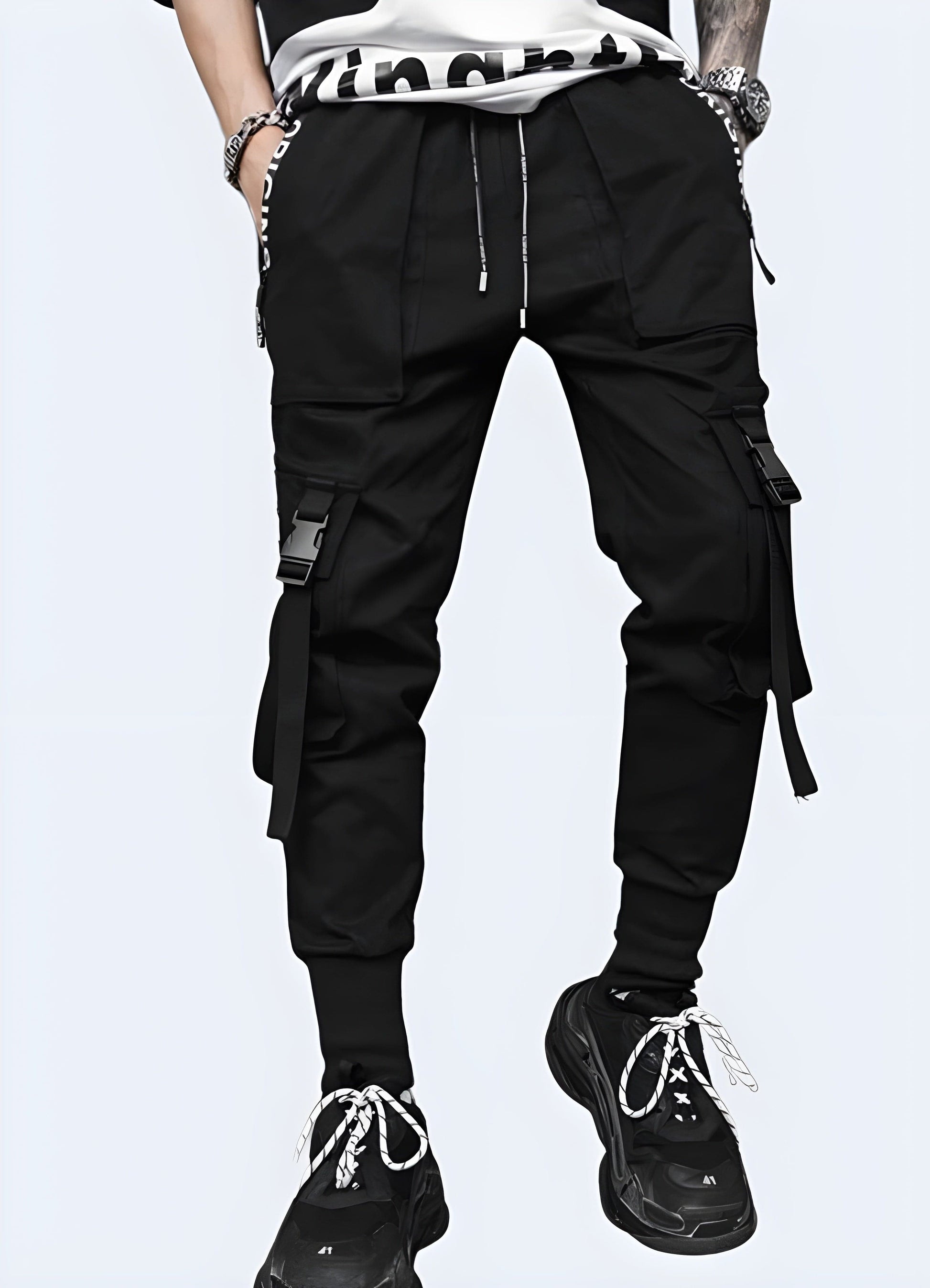 Front view of a man wearing goth cargo pants in the UK, highlighting the striking appearance and unconventional style that appeals to those who appreciate gothic fashion.