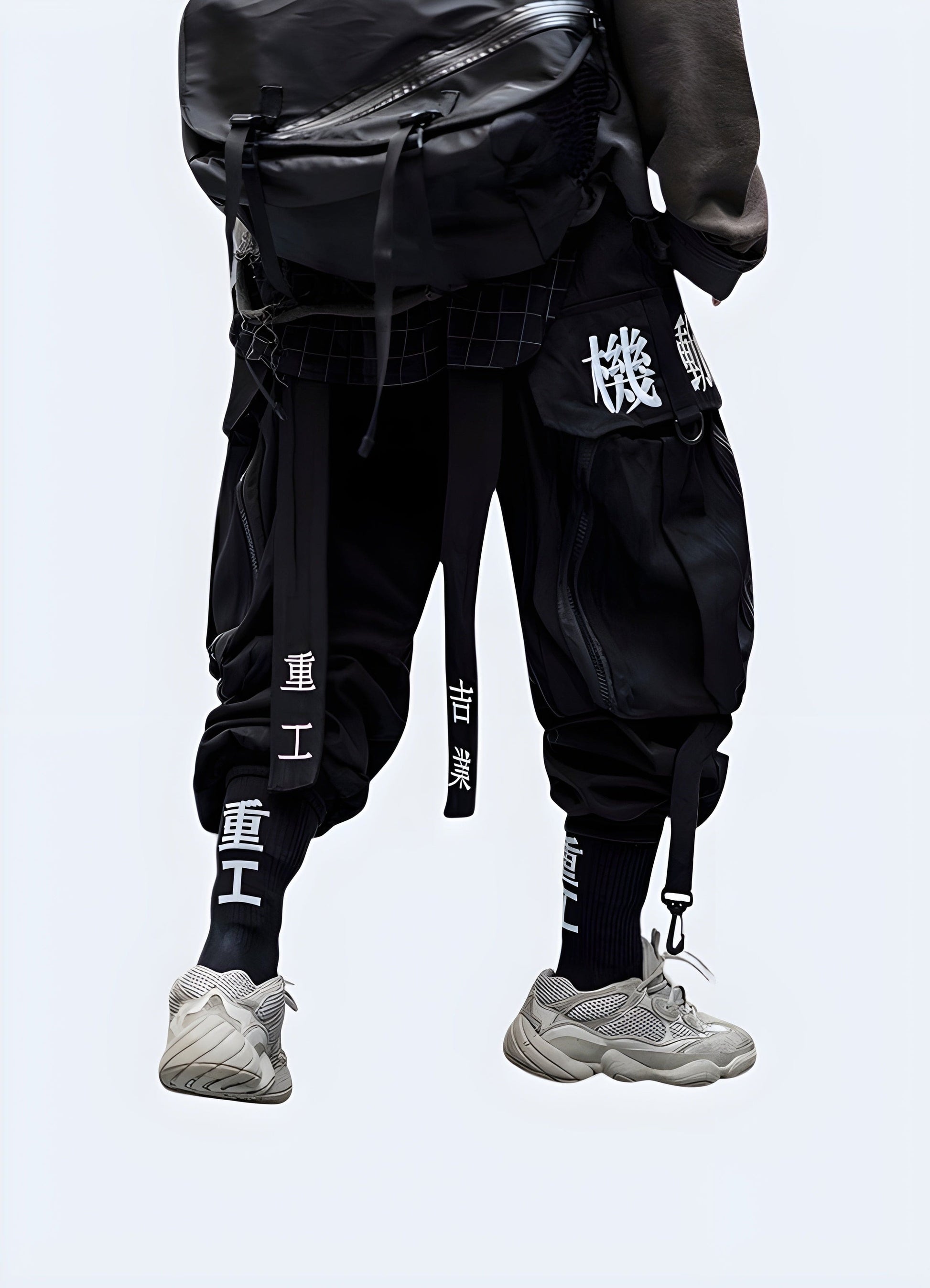  Back view of a man modeling genuine shinobi pants, showcasing the garment's unique style and attention to detail, perfect for ninja-inspired fashion or martial arts training in the UK.