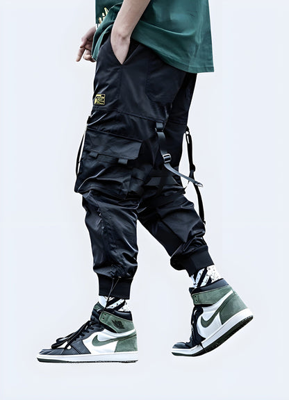 Man wearing Scarlxrd style pants in the UK, showcasing the distinctive design elements from a side view, ideal for fans of the rapper's bold fashion choices.