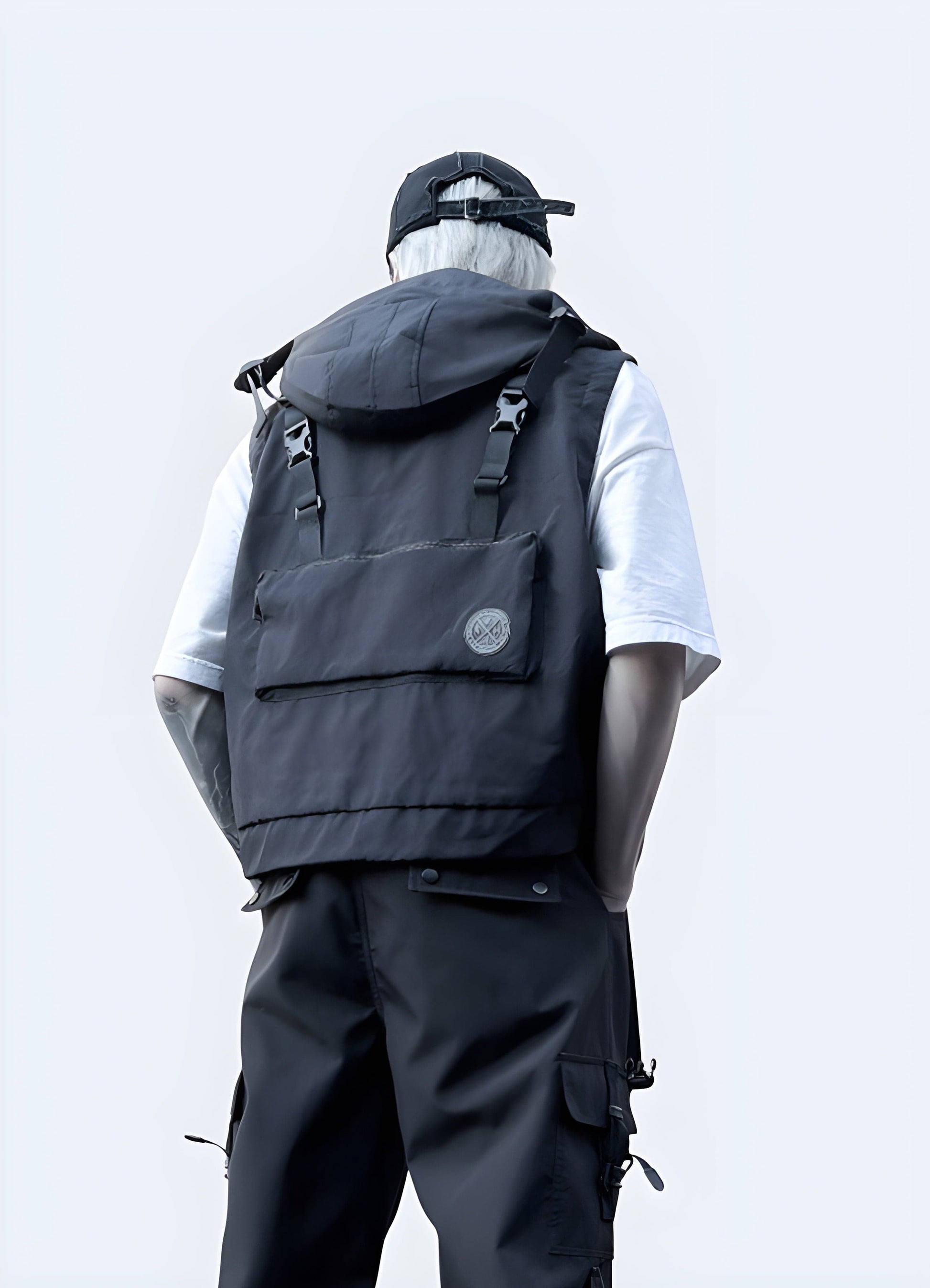 Rear view of a man wearing an innovative sci-fi style black vest featuring built-in speakers and LED illumination, designed for outdoor use in the UK.