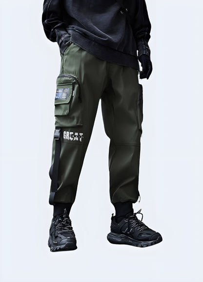 Right view of a man modeling cutting-edge tactical techwear cargo trousers, highlighting the multi-functional pockets and modern aesthetics, a must-have for tech-savvy individuals in the UK.