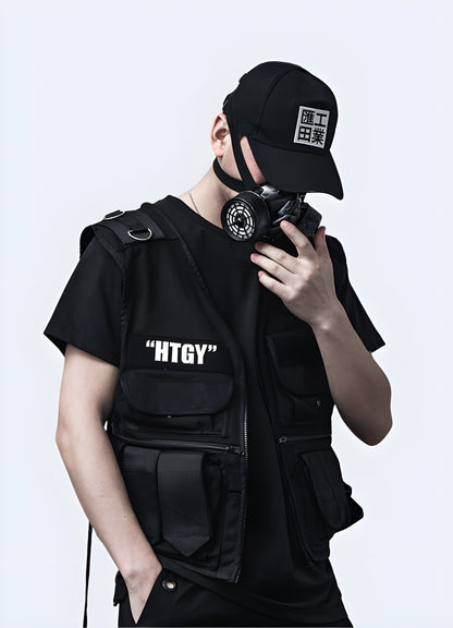 Man wearing a techwear utility vest, front view, highlighting its functional features and modern aesthetics, ideal for the UK streetwear scene.