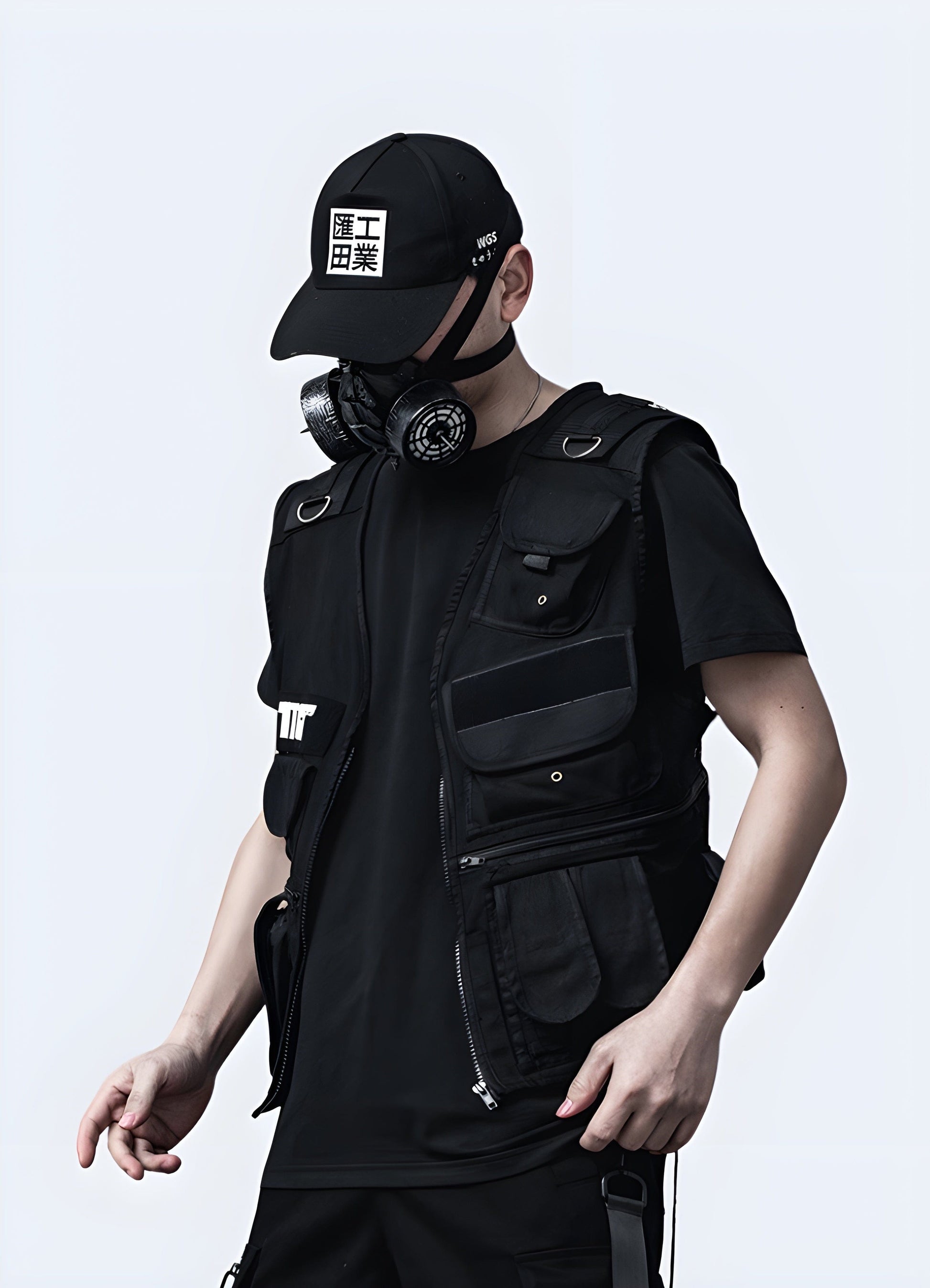 Left view of a man sporting a techwear utility vest, demonstrating its versatility and sleek silhouette, suitable for fashion-forward individuals in the UK.