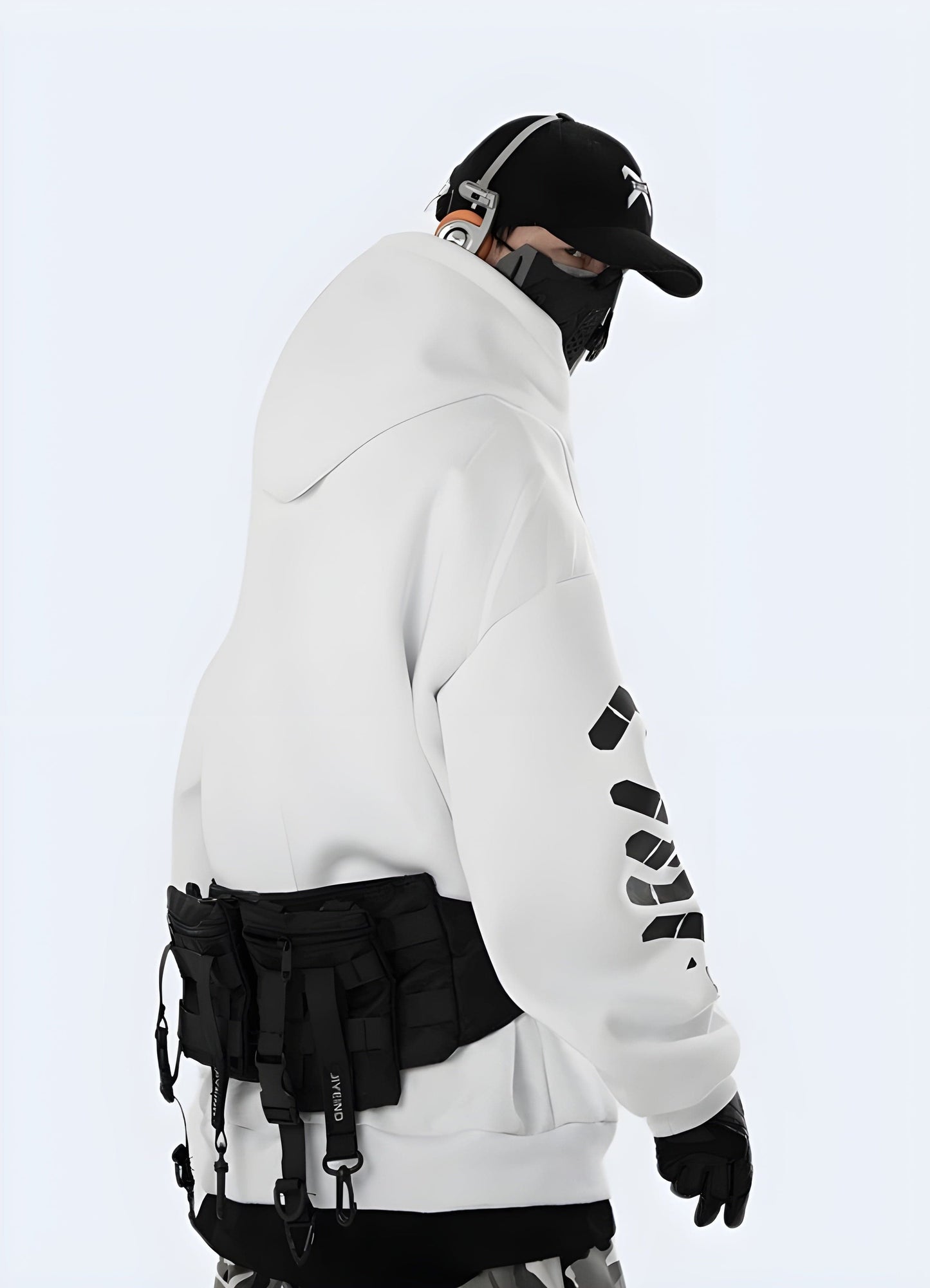 Man wearing a white cyberpunk-inspired hoodie with unique design features, front view, UK-based product.