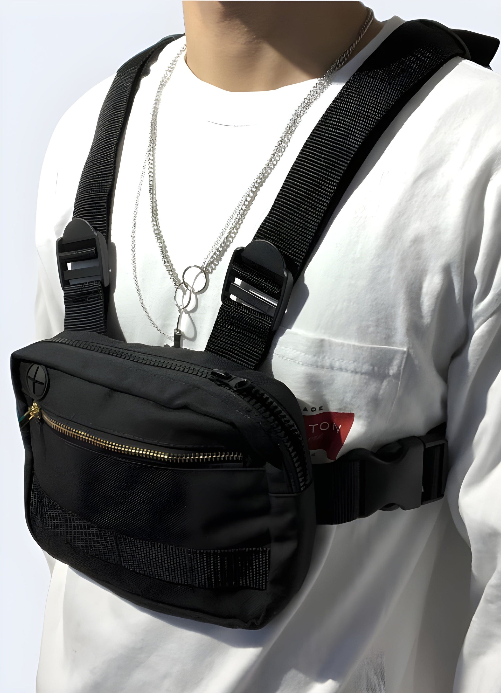 Front view of a man wearing a black tactical vest bag with ample storage compartments, adjustable fit, and MOLLE compatibility, great for outdoor activities and everyday use.