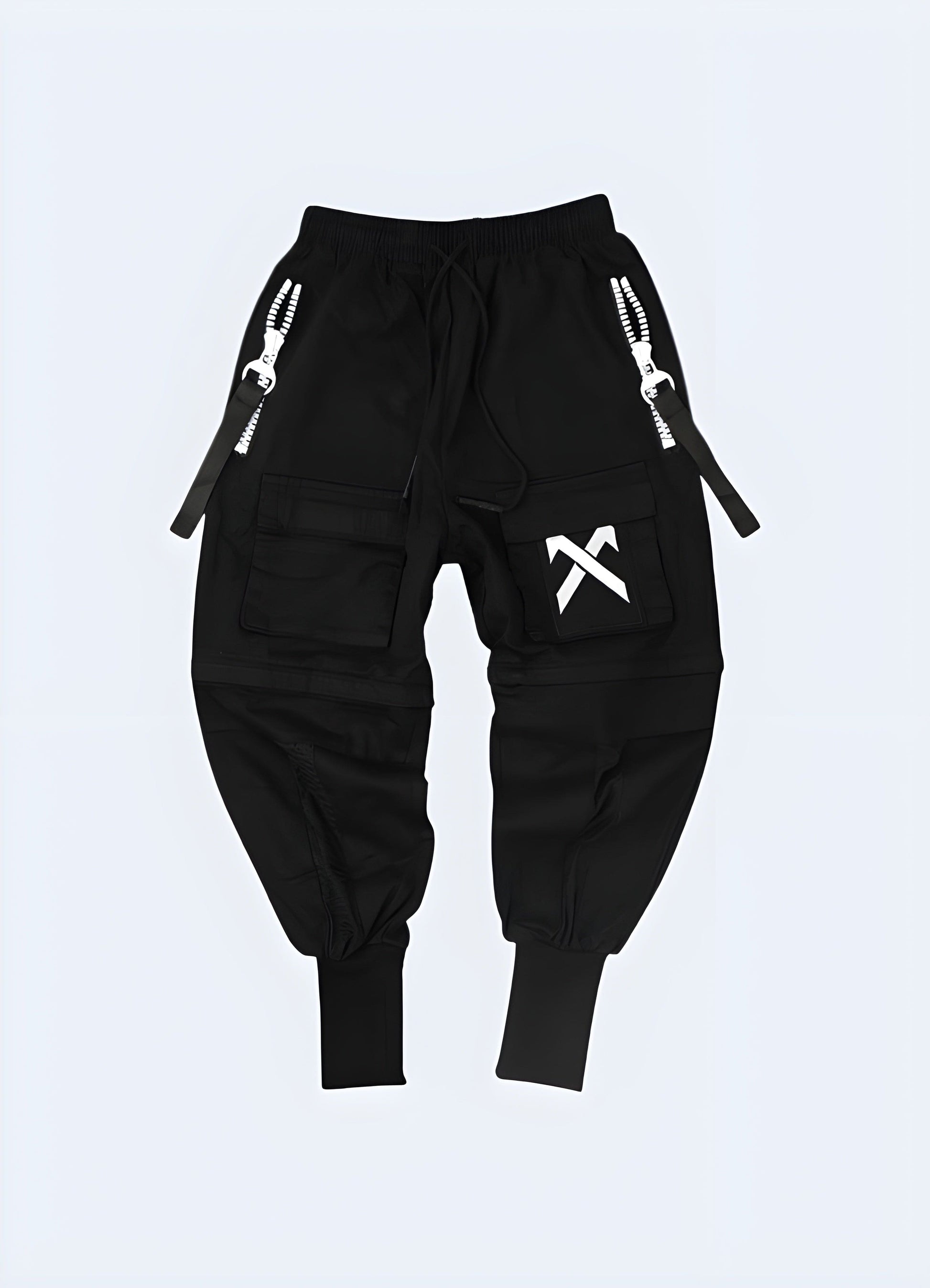  Front view of a model wearing cutting-edge techwear sweatpants, showcasing the garment's sleek aesthetics and functional features, perfect for tech-savvy athleisure enthusiasts in the UK.