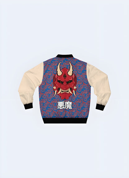 Unique oni bomber jacket, inspired by Japanese folklore, combining traditional design elements and modern streetwear aesthetics for fashion-forward individuals in the UK.