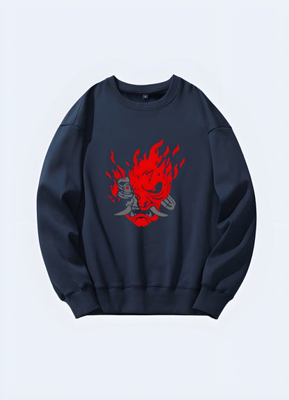 Front view of a fashionable oni sweatshirt, ideal for adding an edgy and cultural touch to your wardrobe in the UK.