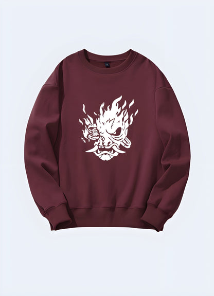 Front view of a striking oni sweatshirt, featuring a captivating Japanese demon graphic in the UK