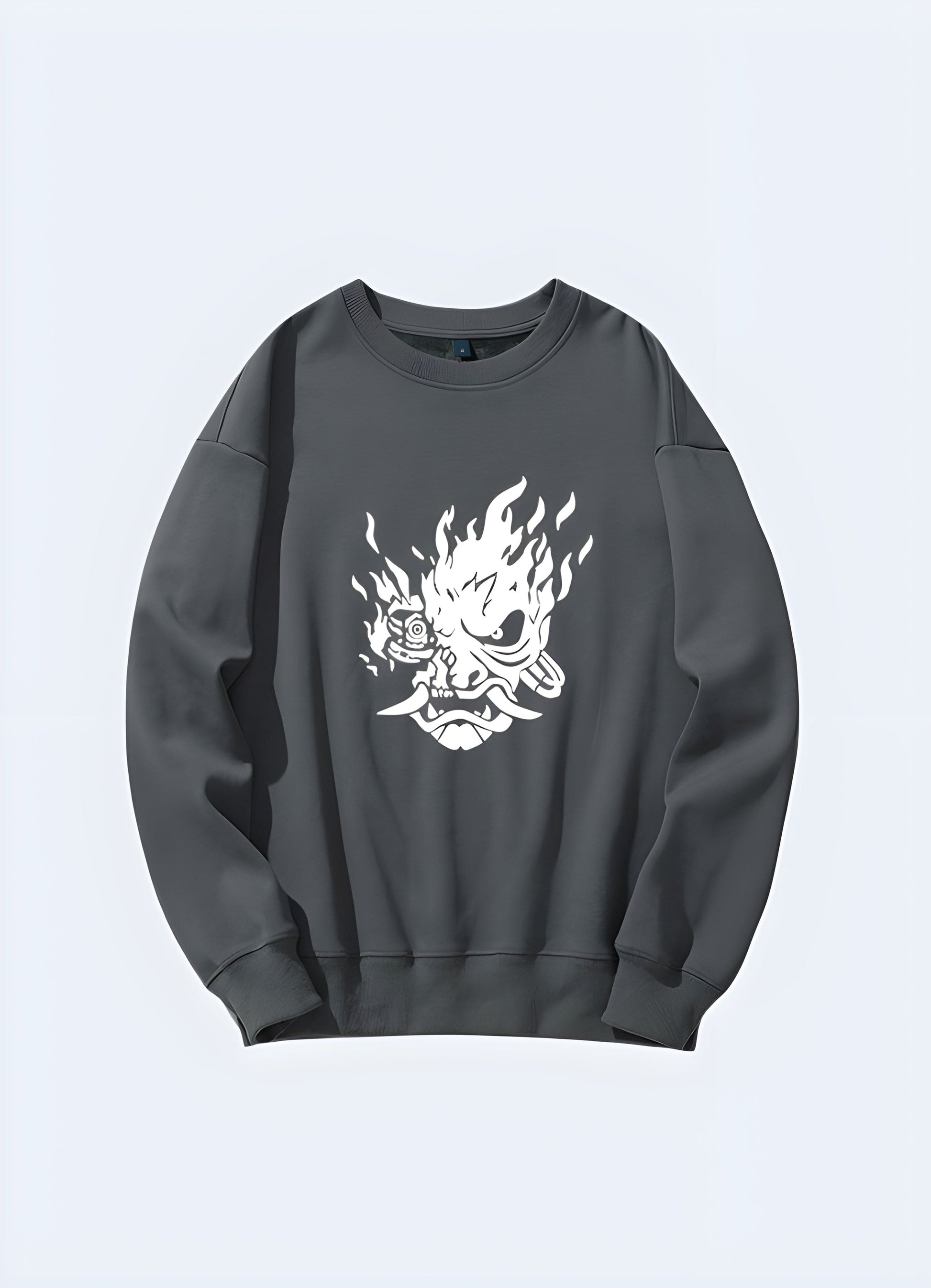 Front view of a stylish oni sweatshirt, showcasing its eye-catching graphic and comfortable fit in the UK.