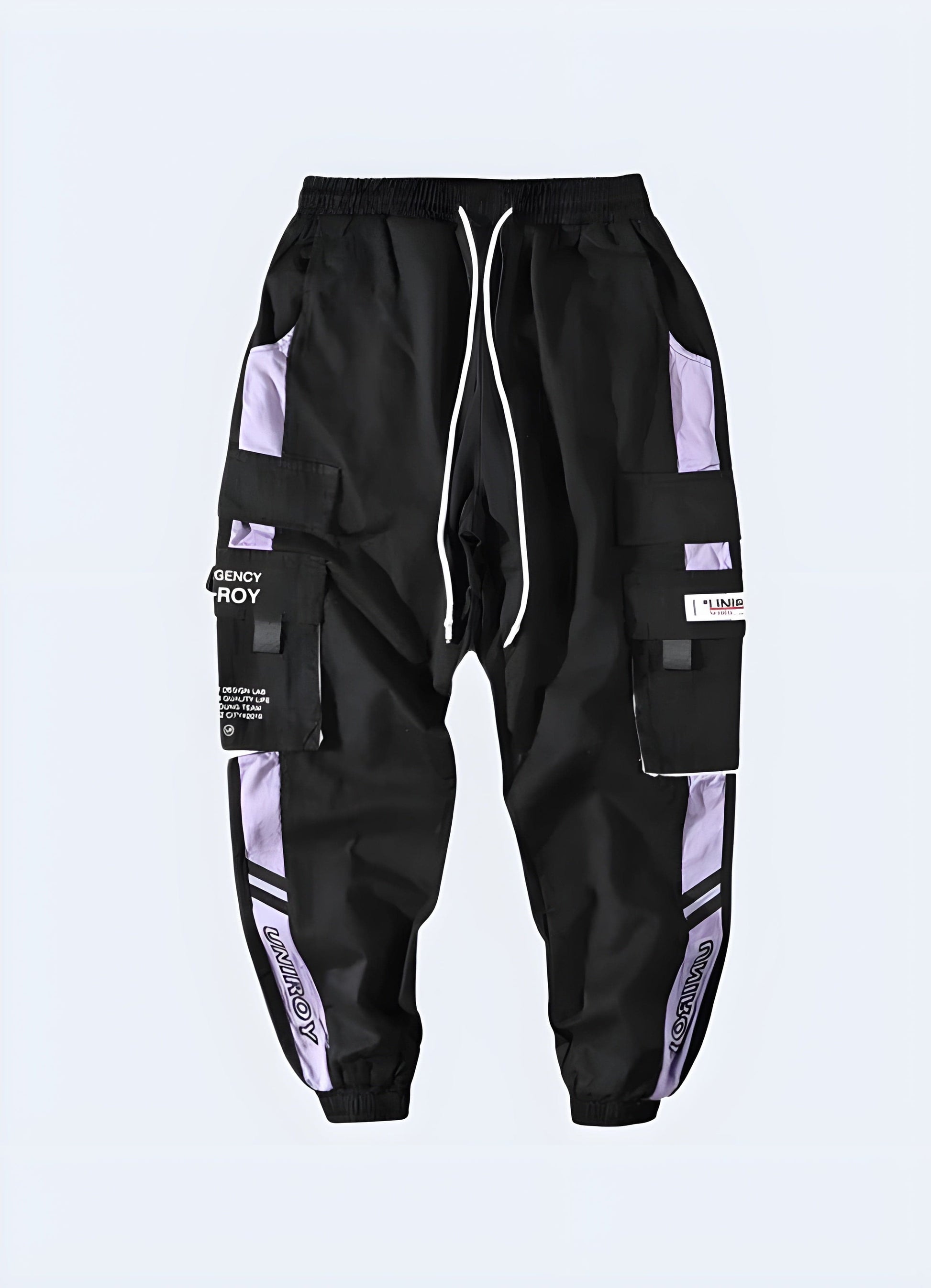 Front view of striking purple techwear pants, showcasing the garment's vibrant color and modern design elements, perfect for UK individuals looking to push the boundaries of contemporary fashion with a bold techwear aesthetic.