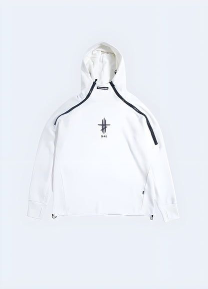 A front view of a fashionable white shell hoodie in the UK, showcasing its sleek design and comfortable fit on a model.