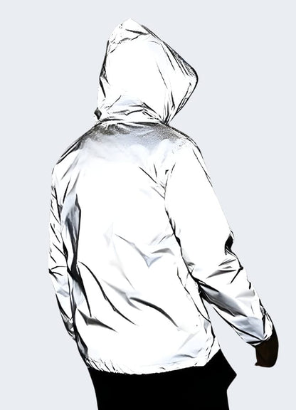 Back view of a tailored-fit silver reflective jacket, showcasing its sleek and modern design for UK trendsetters.