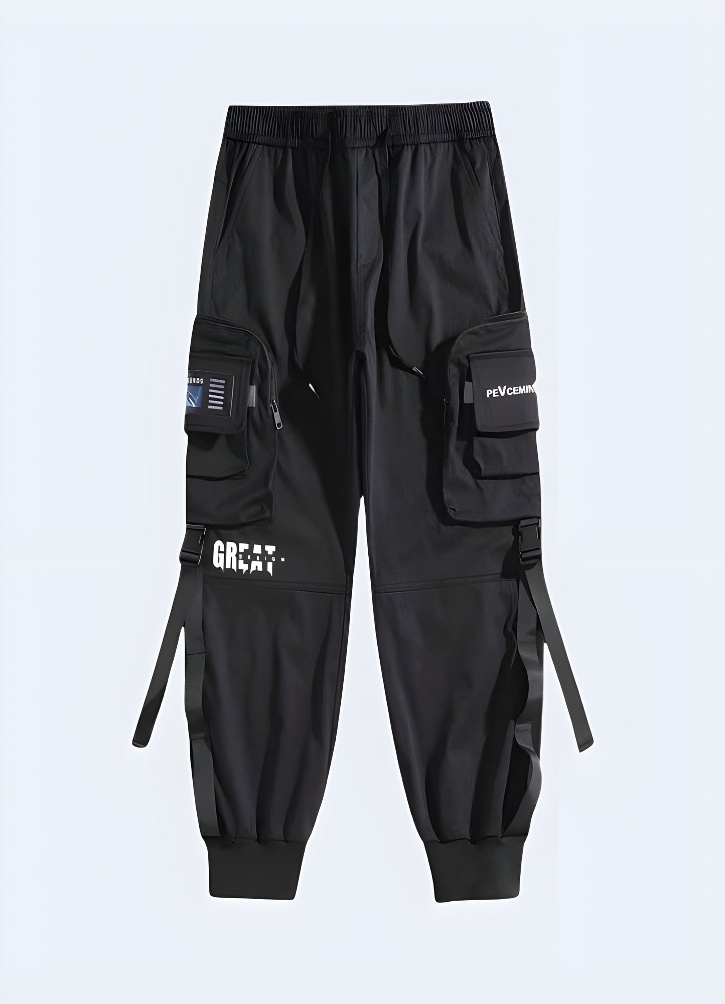 Front view of tactical techwear cargo trousers, emphasizing the garment's rugged construction and versatile storage options, ideal for outdoor adventures and urban exploration in the UK.