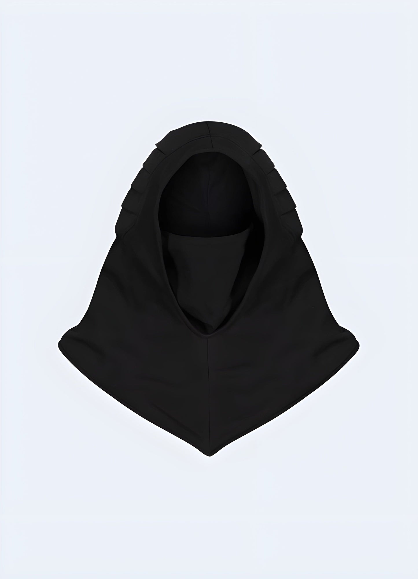 Close-up front view of a cutting-edge black techwear hood, emphasizing its technical materials and minimalist aesthetic, tailored for the UK market.