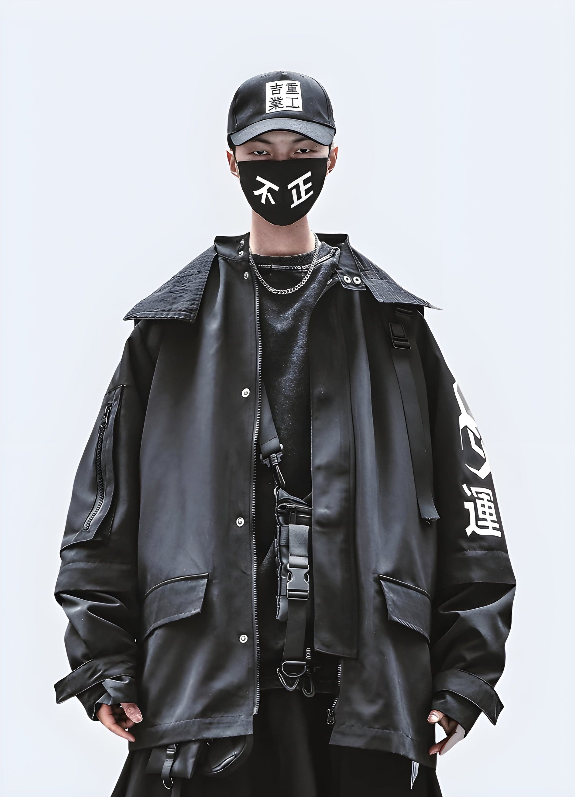 Innovative techwear oversized jacket, combining cutting-edge technology and avant-garde design for fashion-forward individuals in the UK.