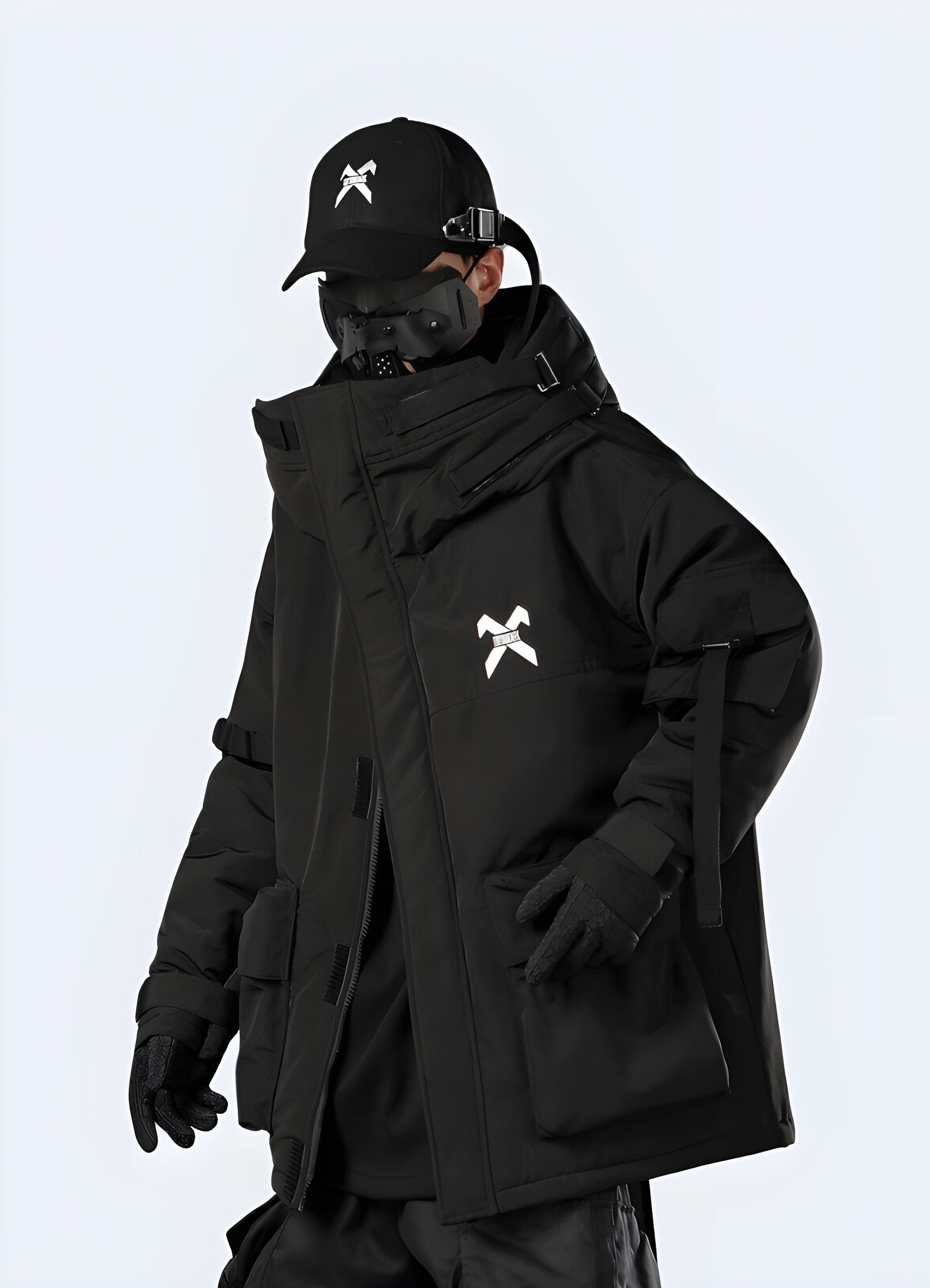 Side view of a futuristic techwear raincoat, showcasing its cutting-edge design and advanced features for UK customers seeking a modern and functional outerwear solution.