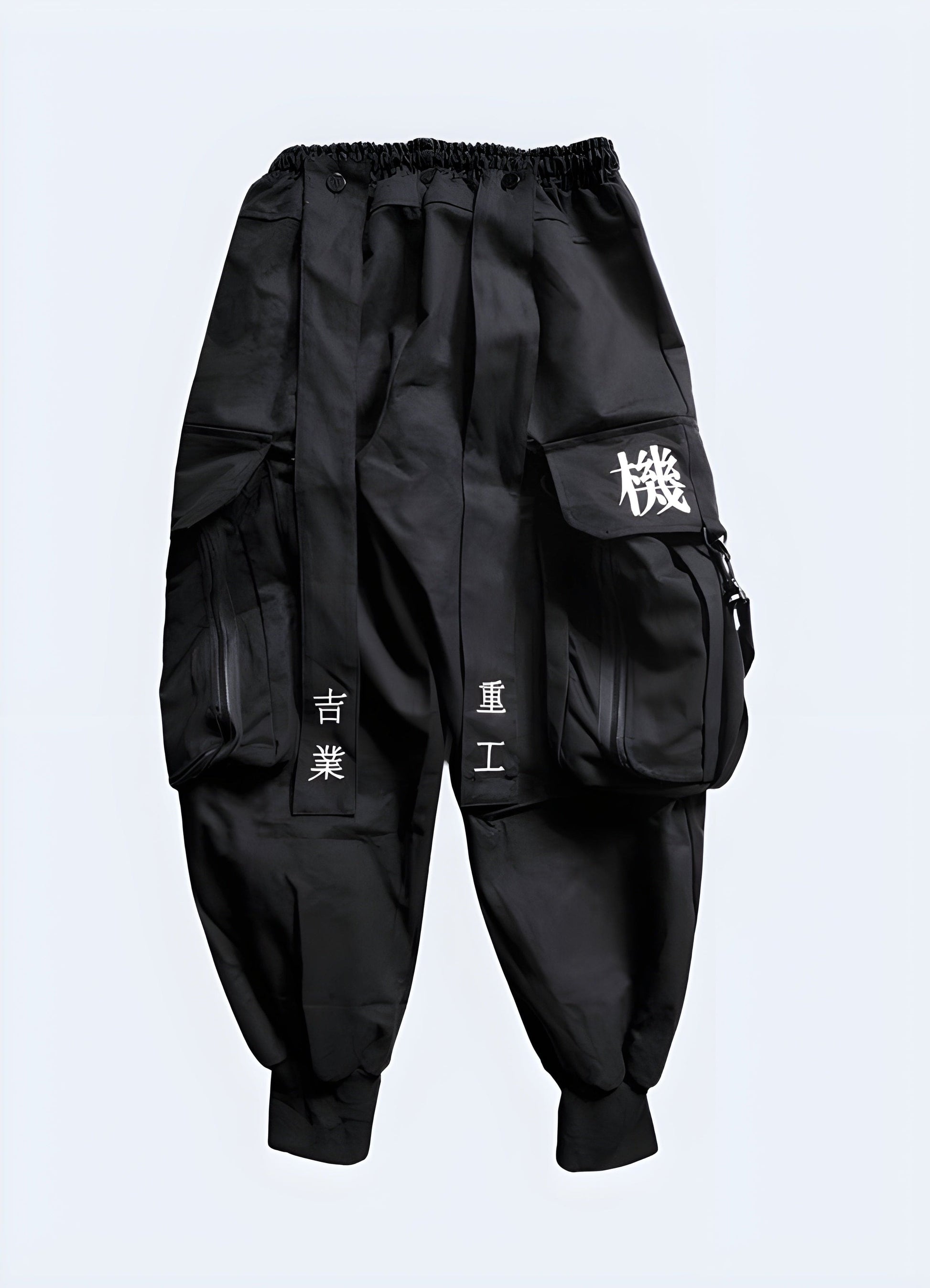 Front view of futuristic techwear samurai pants, emphasizing the cutting-edge design and high-performance materials, ideal for UK tech-savvy individuals seeking a bold and innovative style.